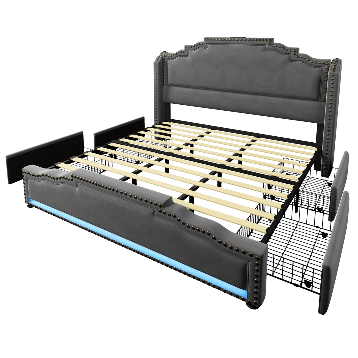 Cama tapizada de 160 x 200 cm, cama doble con 4 cajones, iluminación LED y puerto de carga USB-C, cama de almacenamiento y cama juvenil con somier, terciopelo, beige, sin colchón