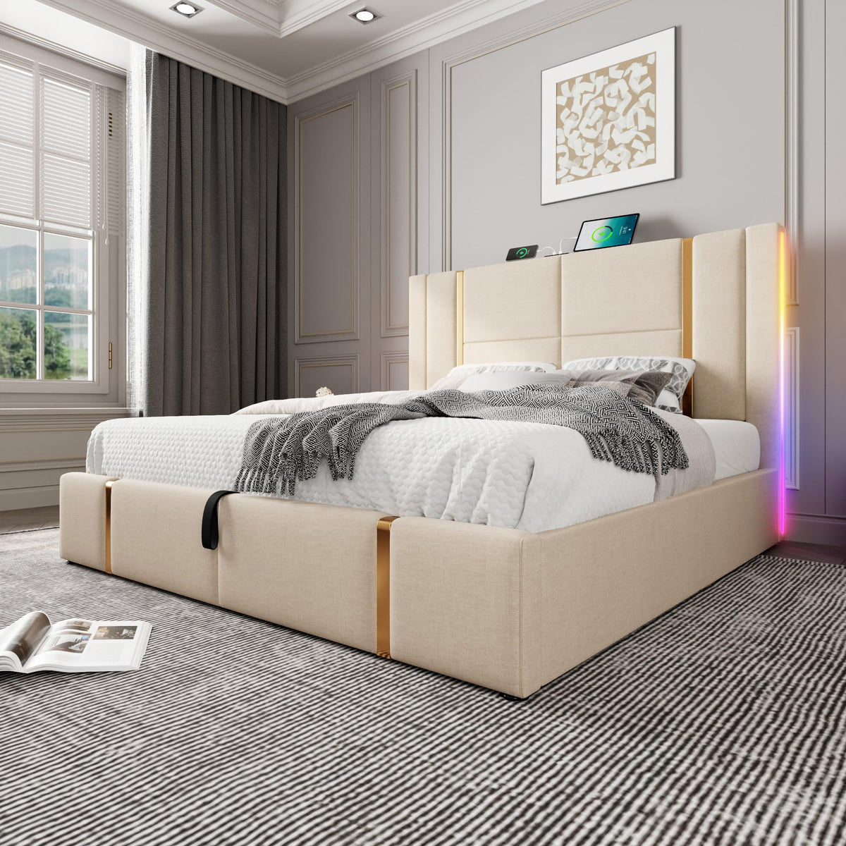 Cama tapizada doble USB tipo C función de carga APP Control LED 180 × 200 cm espacio espacio cama somier de láminas de madera, material de lino beige (sin colchón)