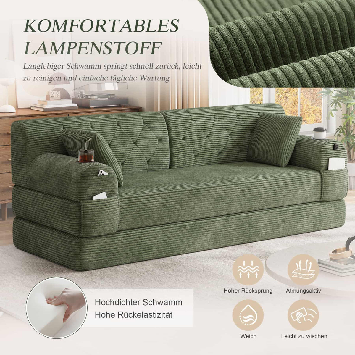 YEHTOKHOME - Sofá de Velor acanalado con respaldo alto y estructura metálica, sofá moderno de 2 plazas con 2 portavasos y 4 bolsillos laterales, para salón, dormitorio (Beige)