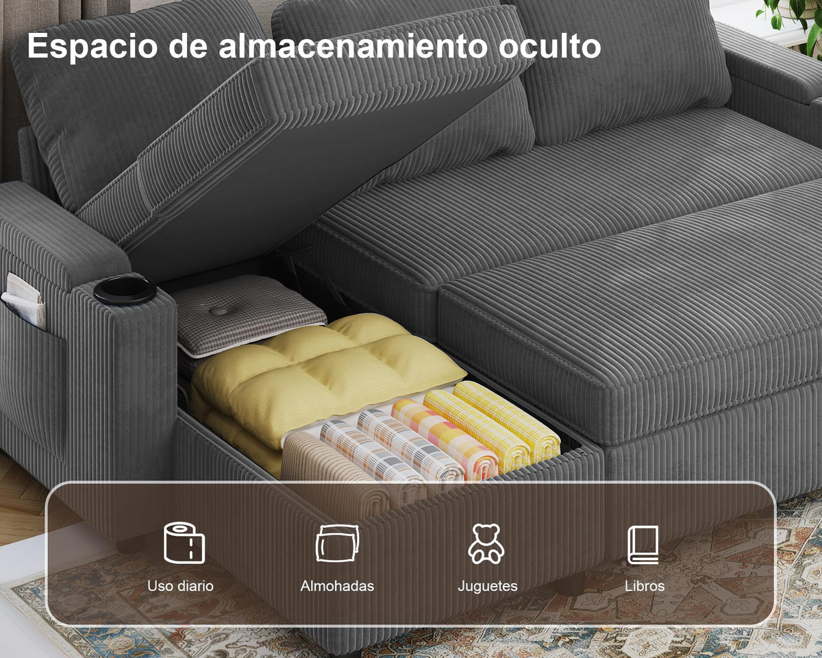 Devoko Sofá Cama L 3 plazas Azul Marino con almacén y portavasos, sofá Convertible Suave para salón y Piso, multifunción con Brazos amplios y Gran almacenaje