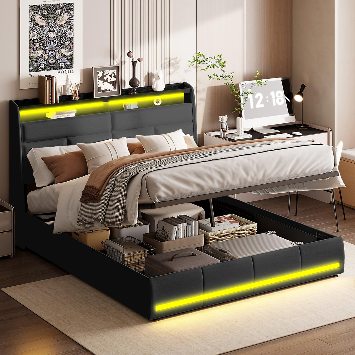 Cama tapizada de 160 x 200 cm, cama doble LED con espacio de almacenamiento, cabecero y función de carga USB C, cama de almacenamiento hidráulico, respaldo con somier de láminas de madera