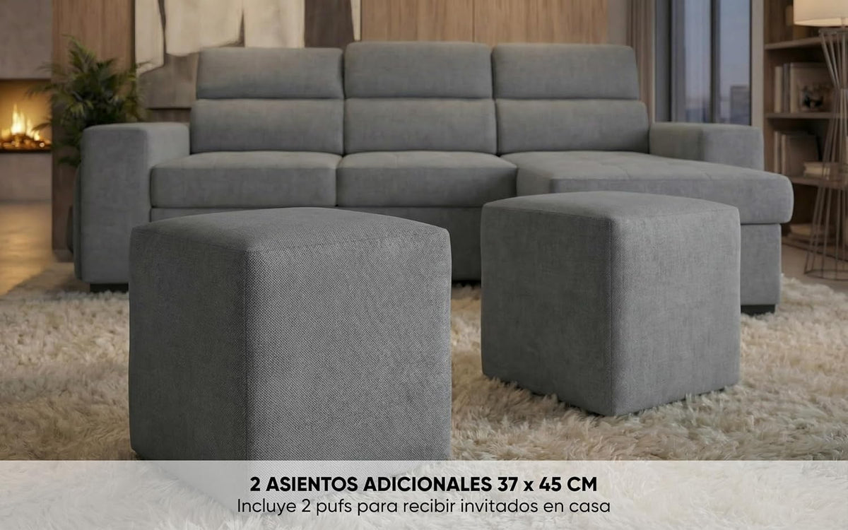 BUDWING John Sofá Cama Esquinero 4 Plazas - Chaise Longue Reversible, Reposacabezas Ajustable y 2 Pufs – Tapizado en Poliéster – Estilo Moderno – 263x161x96 cm – Gris Claro