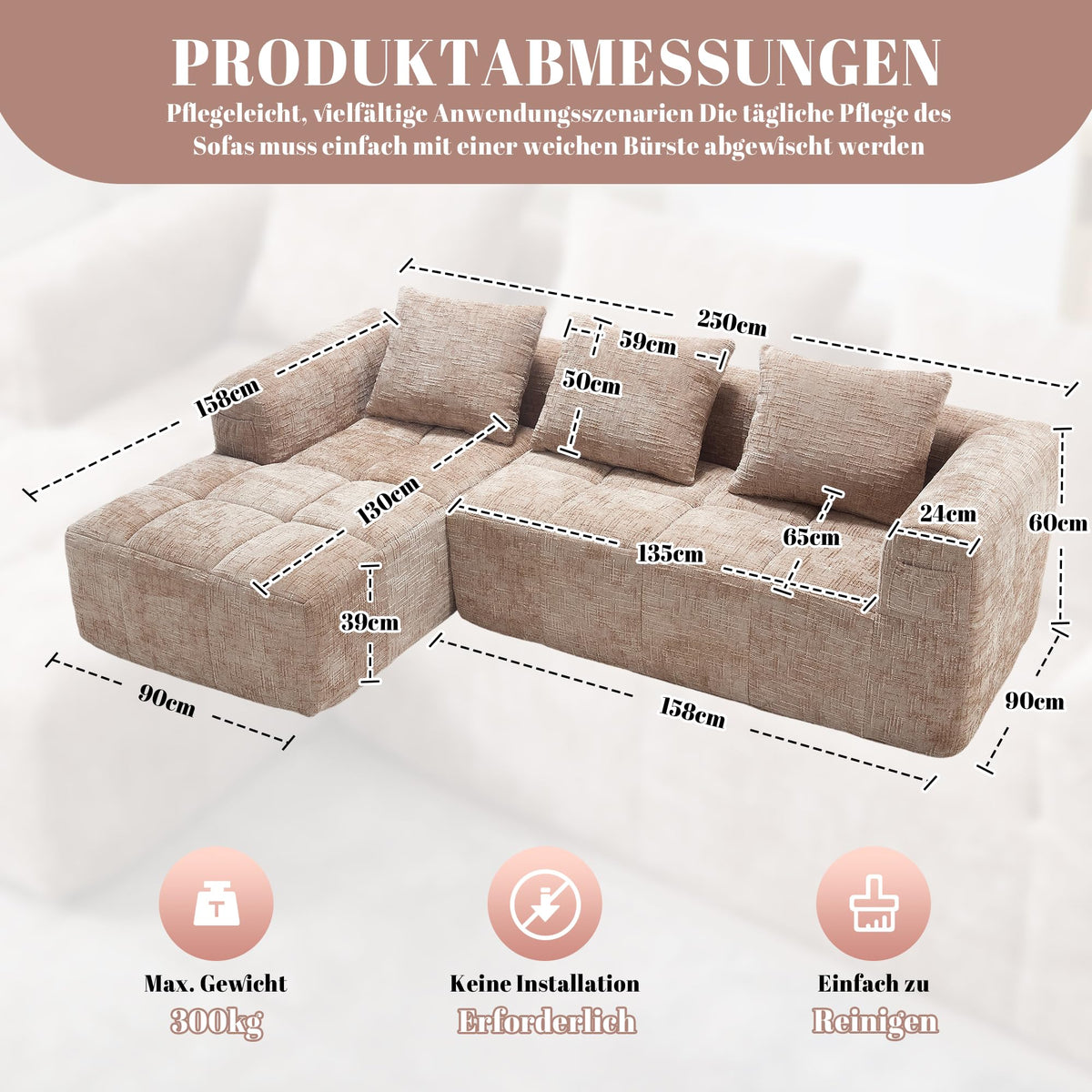 Soweiz Sofá L, seccional de 3 plazas, sofá con chaise longue y reposabrazos, 3 cojines, bolsillo lateral para mando a distancia, 250 x 158 x 60 cm