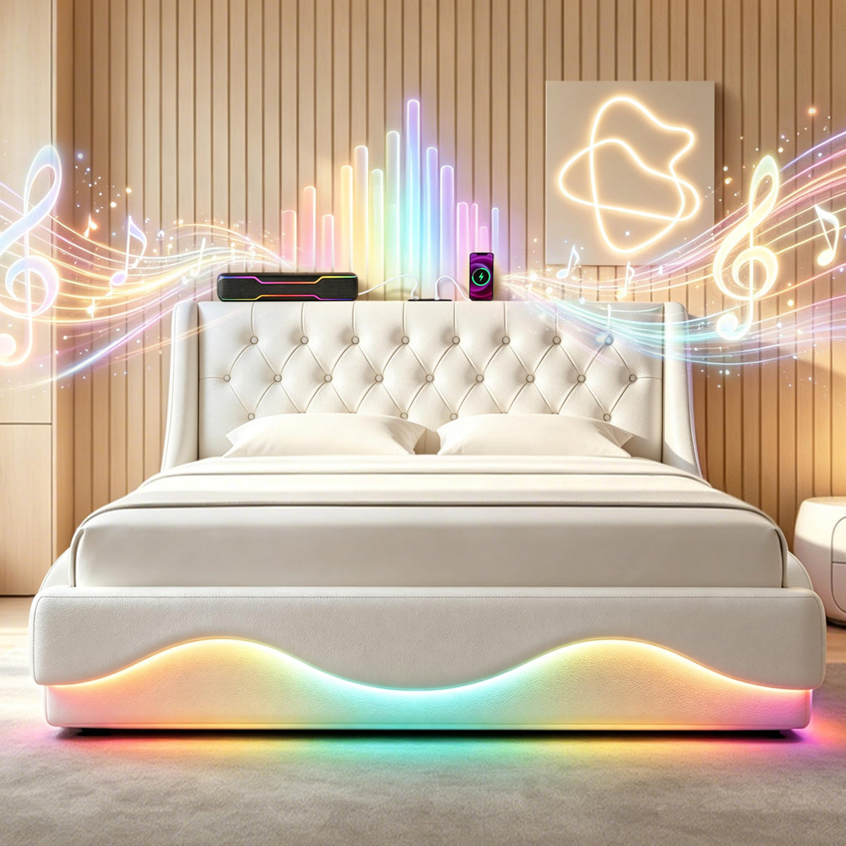 Armazón de Cama de Cuero 140x200cm con luz LED, Blanco