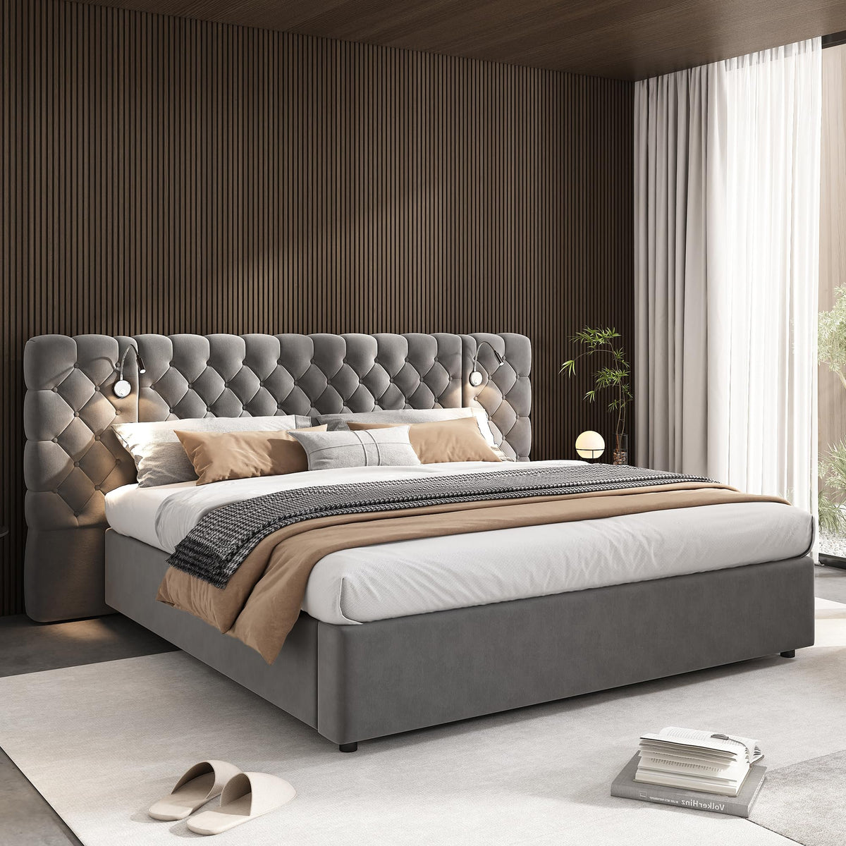 Cama 180x200 cm Camas Matrimoniales con LED y Lámpara de Noche, Cama Doble Tapizada con USB y Cabecero Ancho, Almacenaje Hidráulico, Soporte de Lamas de Madera, Terciopelo, Sin Colchón, Gris