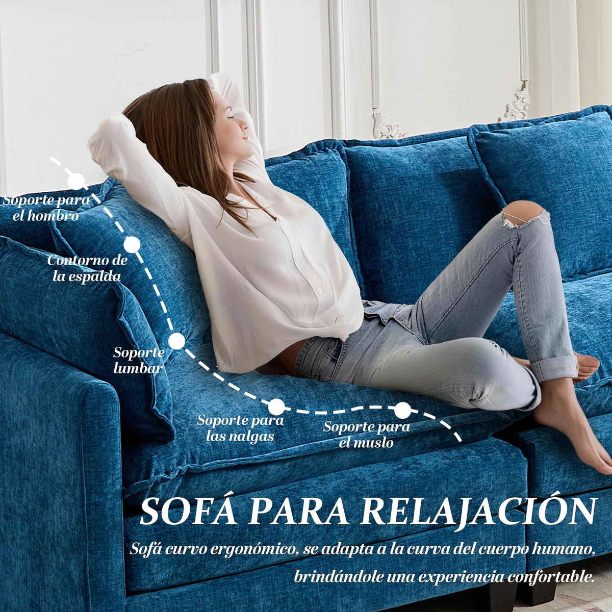 Sofá de salón modular 4 plazas 380cm, chenilla azul con cojines dobles