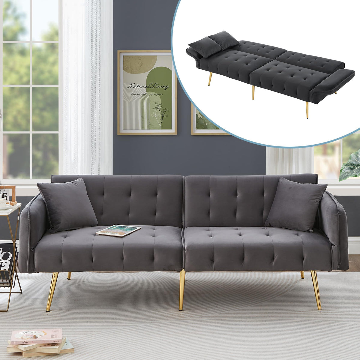 Sofá cama con esquinas ajustables, patas doradas, almohadas y bolsillos laterales para almacenamiento (Bavia)