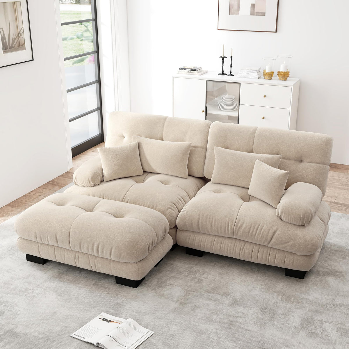 Sofá seccional Cloud en forma de L de 4 plazas con otomana móvil, ciniglia paisaje residencial con asiento profundo y reposabrazos anchos, gran sofá de sala para apartamento