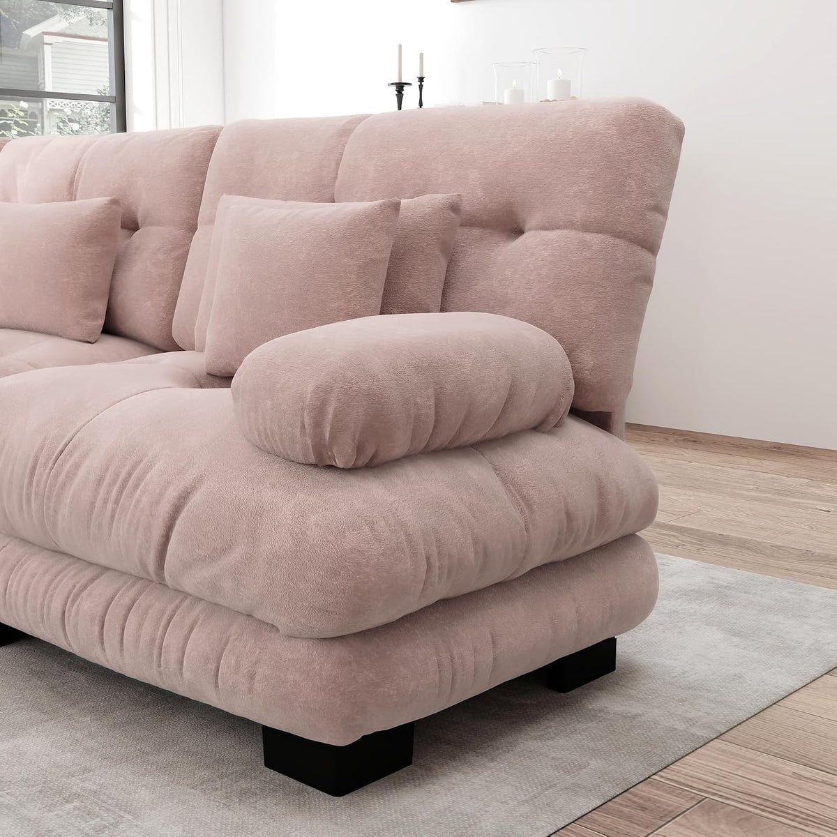 Sofá esquinero de chenilla nublado para salón, sofá doble con reposabrazos anchos, 2 cojines lumbares, 2 cojines decorativos y 2 otomanas, 220 x 140 x 81 cm (rosa)