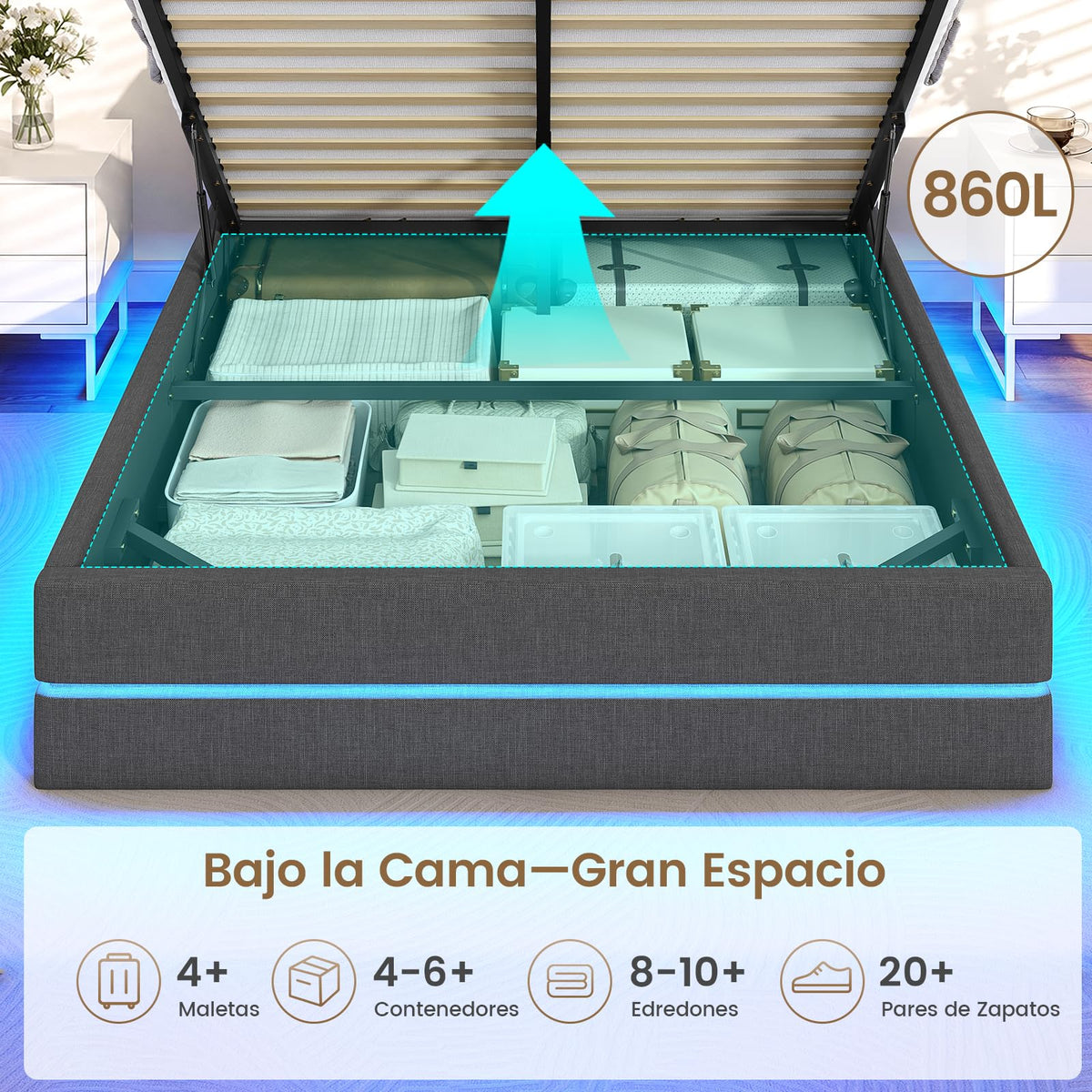 AOGLLATI Cama Matrimonial 140x190 cm con Almacenamiento Hidráulico, Lino