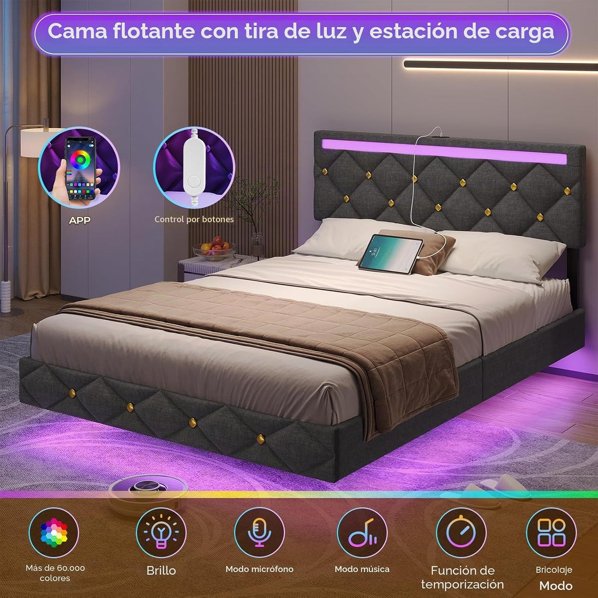DICTAC Cama tapizada de 140 x 190 cm con carga USB e iluminación LED, cabecero con LED, cama doble con somier, cama juvenil, cama funcional, tela de lino, sin colchón