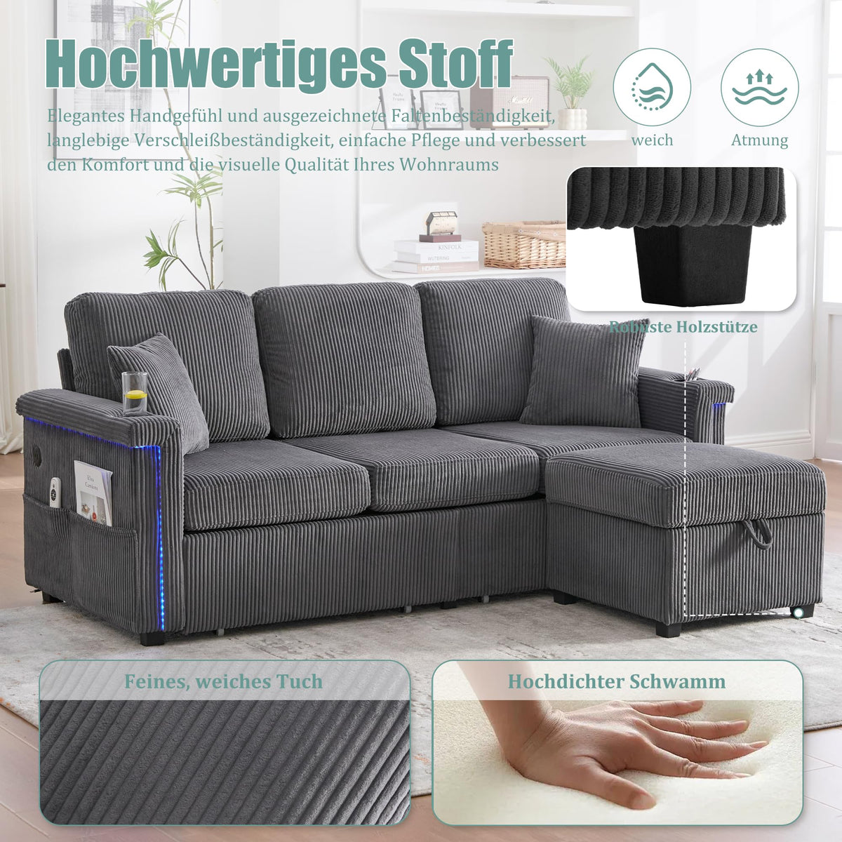 Dolamaní Sofá de terciopelo de 3 plazas con 2 cajones, soporte para bebidas, bolsillos laterales y reposapiés para sala de estar, dormitorio y oficina (beige)