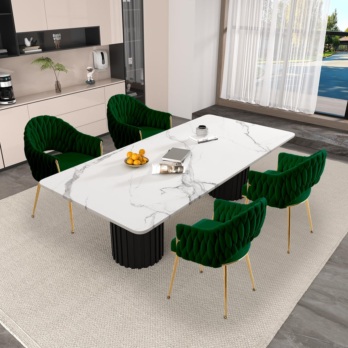Juego de 4 sillas de comedor de terciopelo, sillones de salón, sillas de comedor con reposabrazos, sillas de cocina con respaldo alto trenzado a mano, silla de tocador con patas doradas