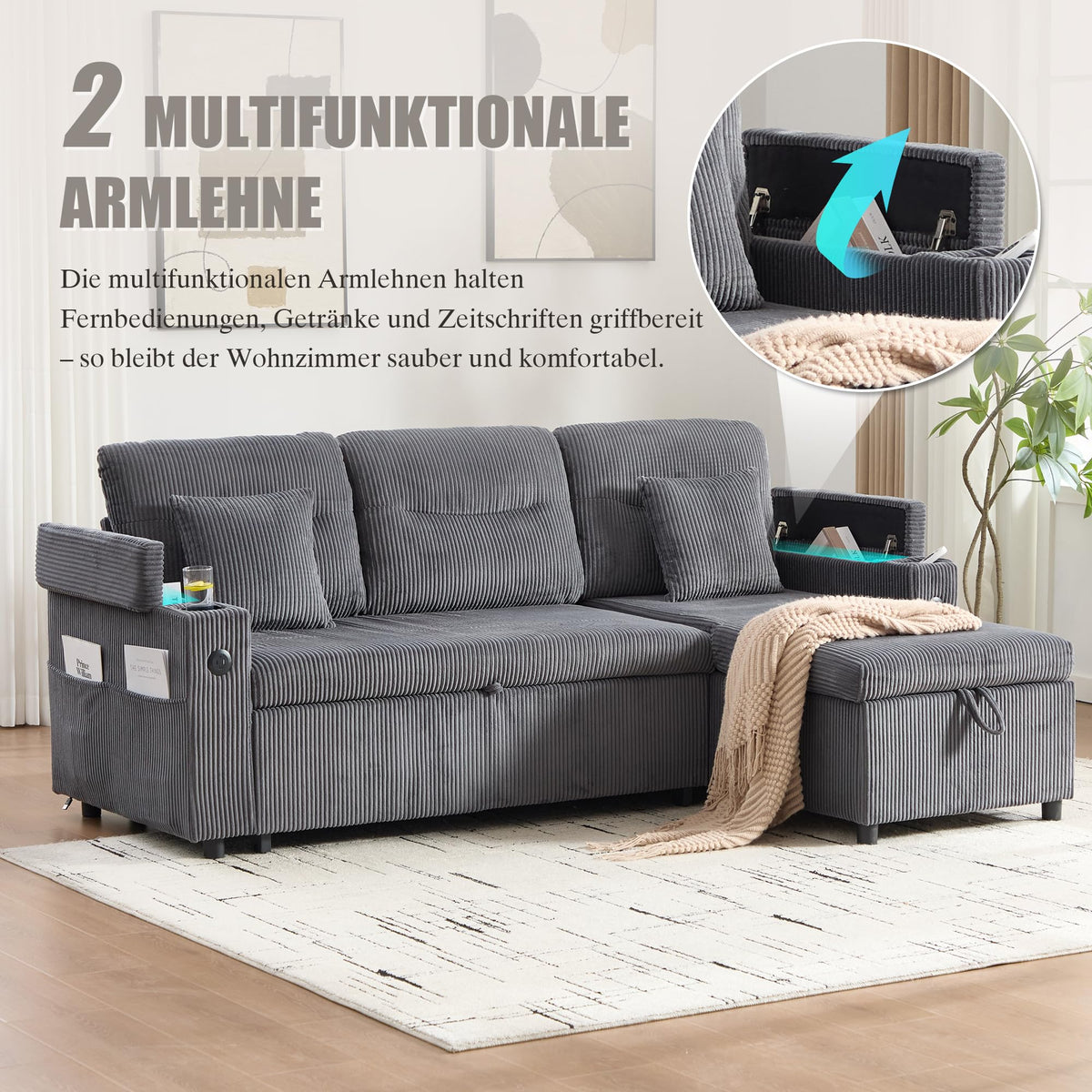 Dolamaní Sofá moderno de 4 plazas de tela de lino con espacio de almacenamiento y función de dormir, sofá cama con cajonera extensible en forma de L para casa y salón (beige B)