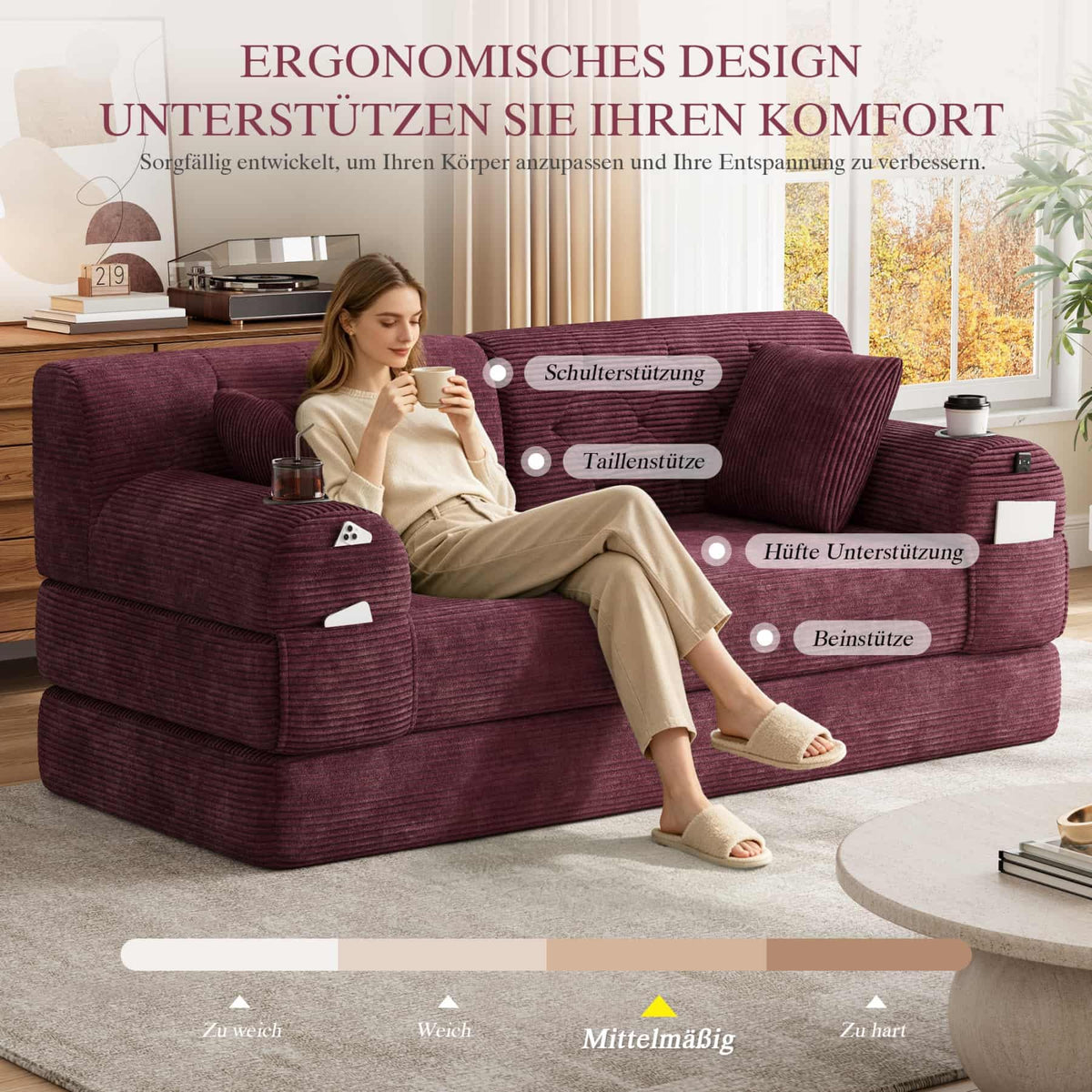 YEHTOKHOME - Sofá de Velor acanalado con respaldo alto y estructura metálica, sofá moderno de 2 plazas con 2 portavasos y 4 bolsillos laterales, para salón, dormitorio (Beige)