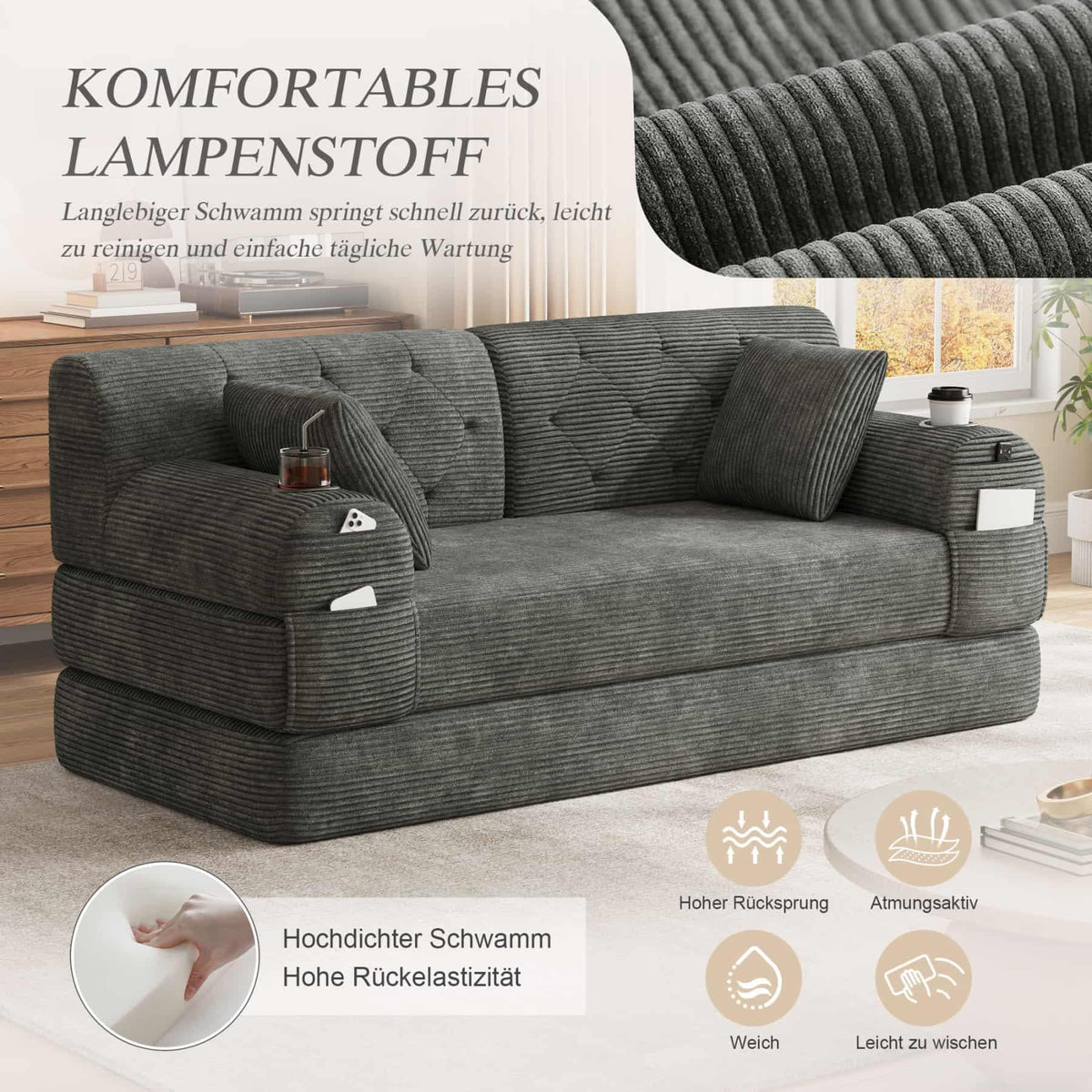 YEHTOKHOME - Sofá de Velor acanalado con respaldo alto y estructura metálica, sofá moderno de 2 plazas con 2 portavasos y 4 bolsillos laterales, para salón, dormitorio (Beige)
