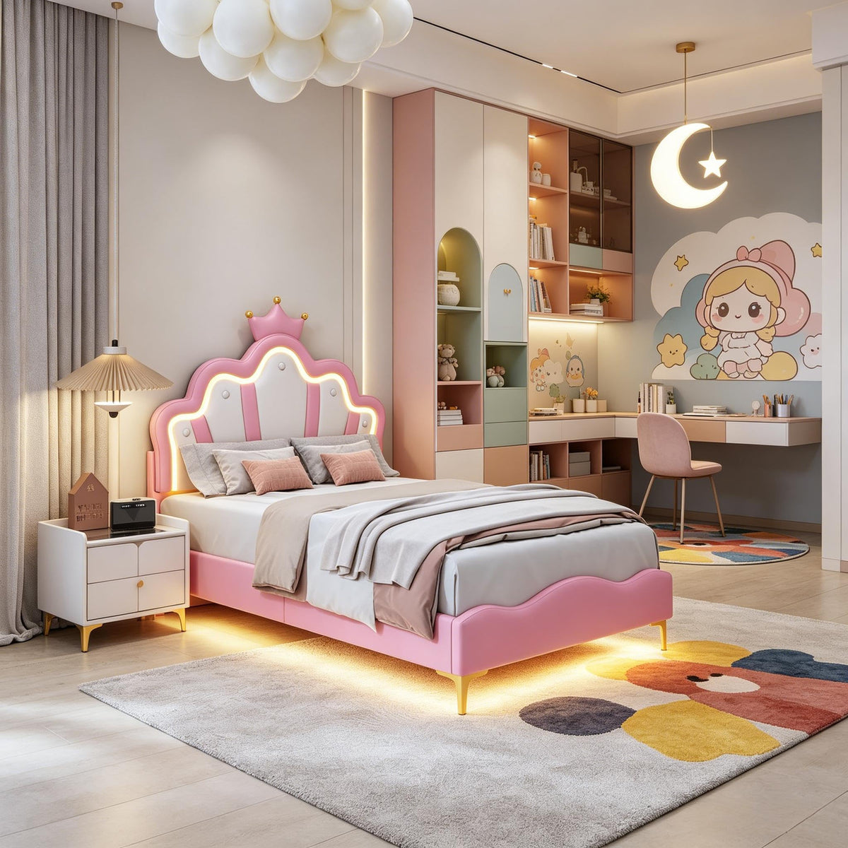Cama Infantil tapizada 140 x 200 cm con LED, Cama tapizada para niños 140 x 200 con cabecera Ajustable Marco de Camas, Camas de Princesa para Niña en Forma de Corona con Somier(Rosa, 140 x 200)