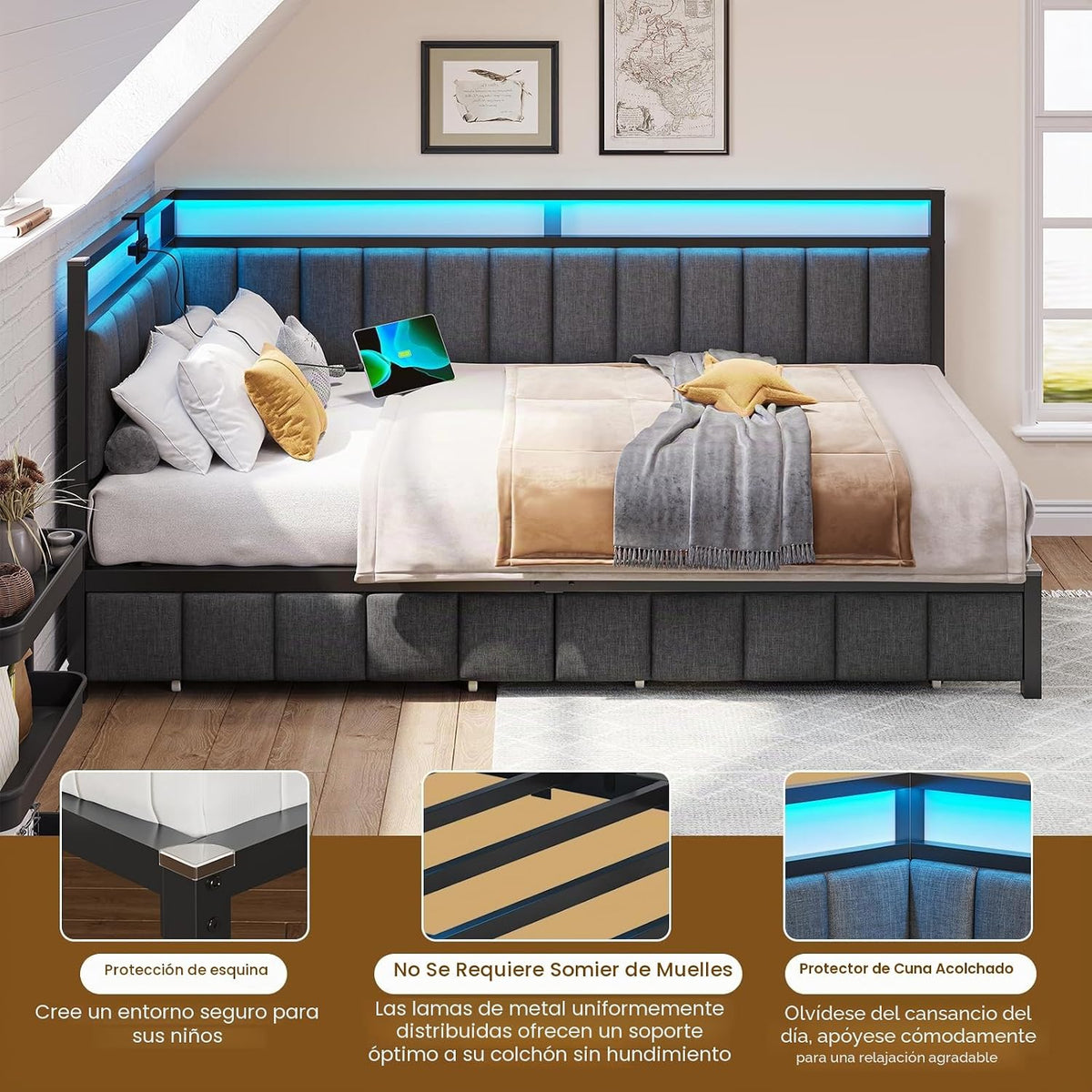 DICTAC Cama Tapizada Sofá Cama 90 x 190 cm con iluminación LED y Toma USB,Camas Juvenil con 2 cajones de Almacenamiento, Estructura de Cama de 90x190 con somier de láminas de Metal, Gris Oscuro