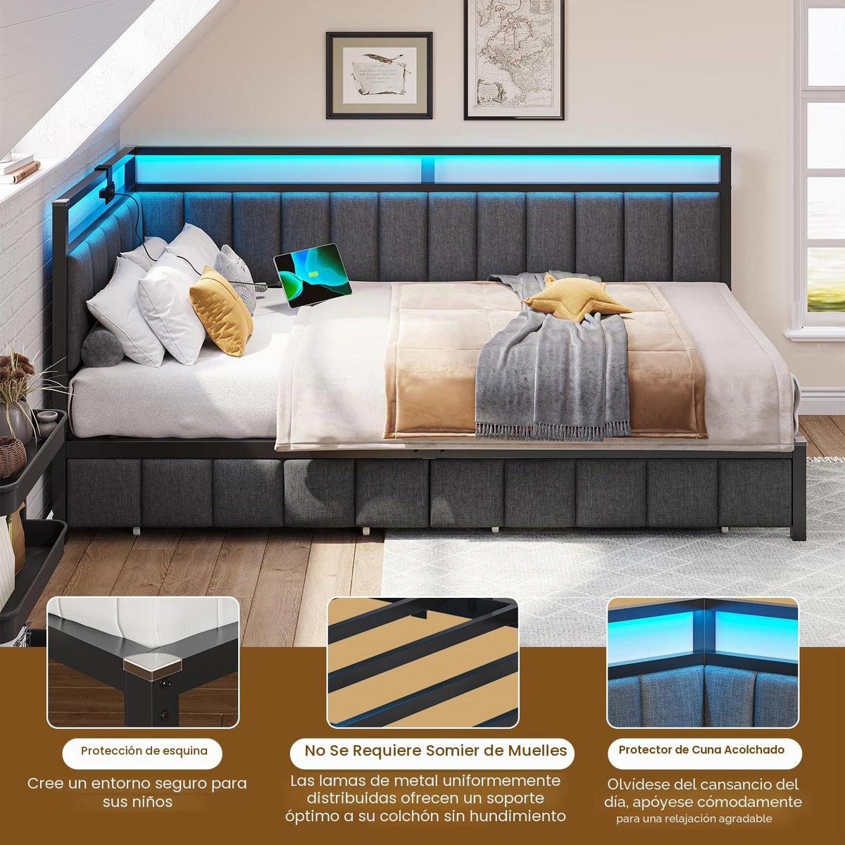 DICTAC Cama Tapizada Sofá Cama 90 x 190 cm con iluminación LED y Toma USB,Camas Juvenil con 2 cajones de Almacenamiento, Estructura de Cama de 90x190 con somier de láminas de Metal, Gris Oscuro