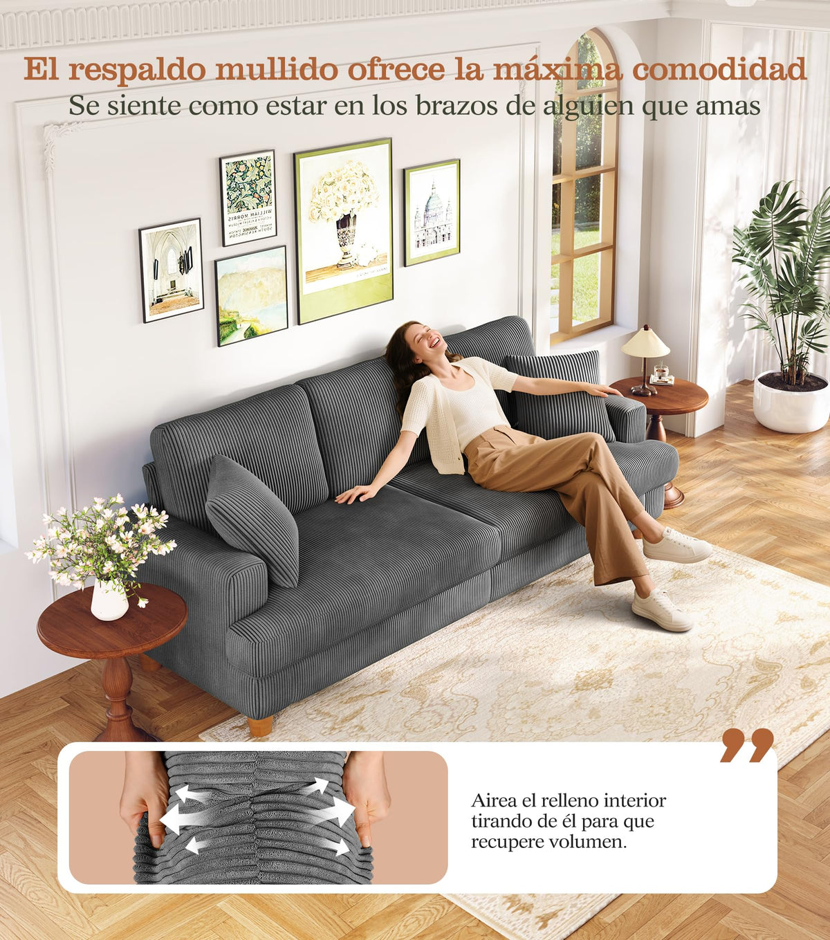 Kidirect Sofá de Pana de 3 plazas, 221 cm cómodo sofá de 53 cm Asientos Extra Profundos, sofá de salón Montaje sin Herramientas sofá Grande con 2 Cojines, sofá Moderno para Oficina,Verde Bosque