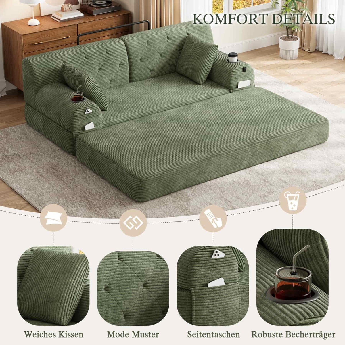 YEHTOKHOME - Sofá de Velor acanalado con respaldo alto y estructura metálica, sofá moderno de 2 plazas con 2 portavasos y 4 bolsillos laterales, para salón, dormitorio (Beige)