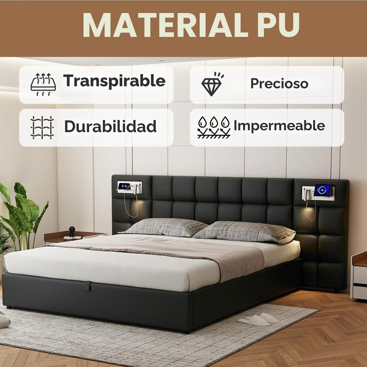 Cama 180x200 cm Camas Matrimoniales con LED y Lámpara de Noche, Cama Doble Tapizada con USB y Cabecero Ancho, Almacenaje Hidráulico, Soporte de Lamas de Madera, Terciopelo, Sin Colchón, Gris