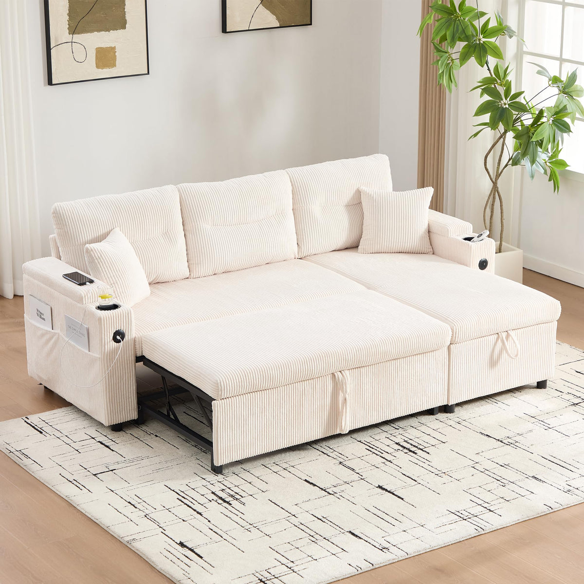 Dolamaní Sofá moderno de 4 plazas de tela de lino con espacio de almacenamiento y función de dormir, sofá cama con cajonera extensible en forma de L para casa y salón (beige B)