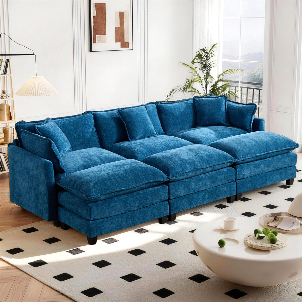 Sofá de salón modular 4 plazas 380cm, chenilla azul con cojines dobles