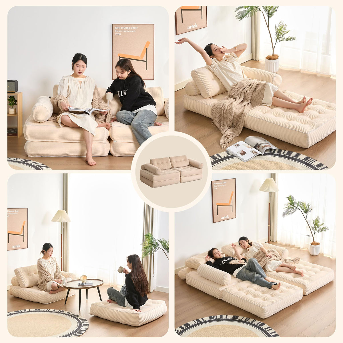 Sofá Convertible 4 en 1, Sofá Cama 1 Plaza, Pana, Negro