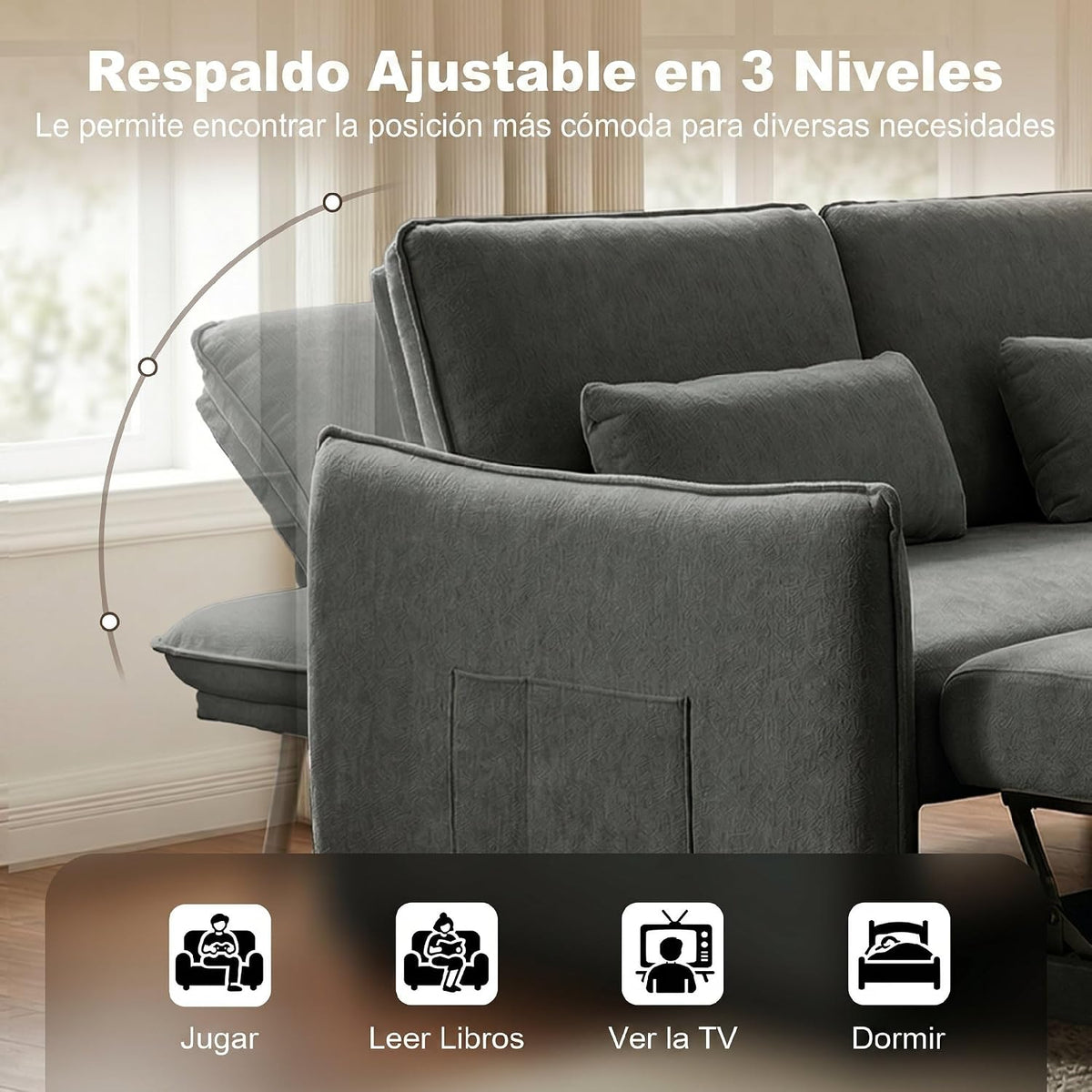 HOMCOM Sofá Cama 2 Plazas 3 en 1 Mesa Auxiliar 2 Almohadas Gris Oscuro