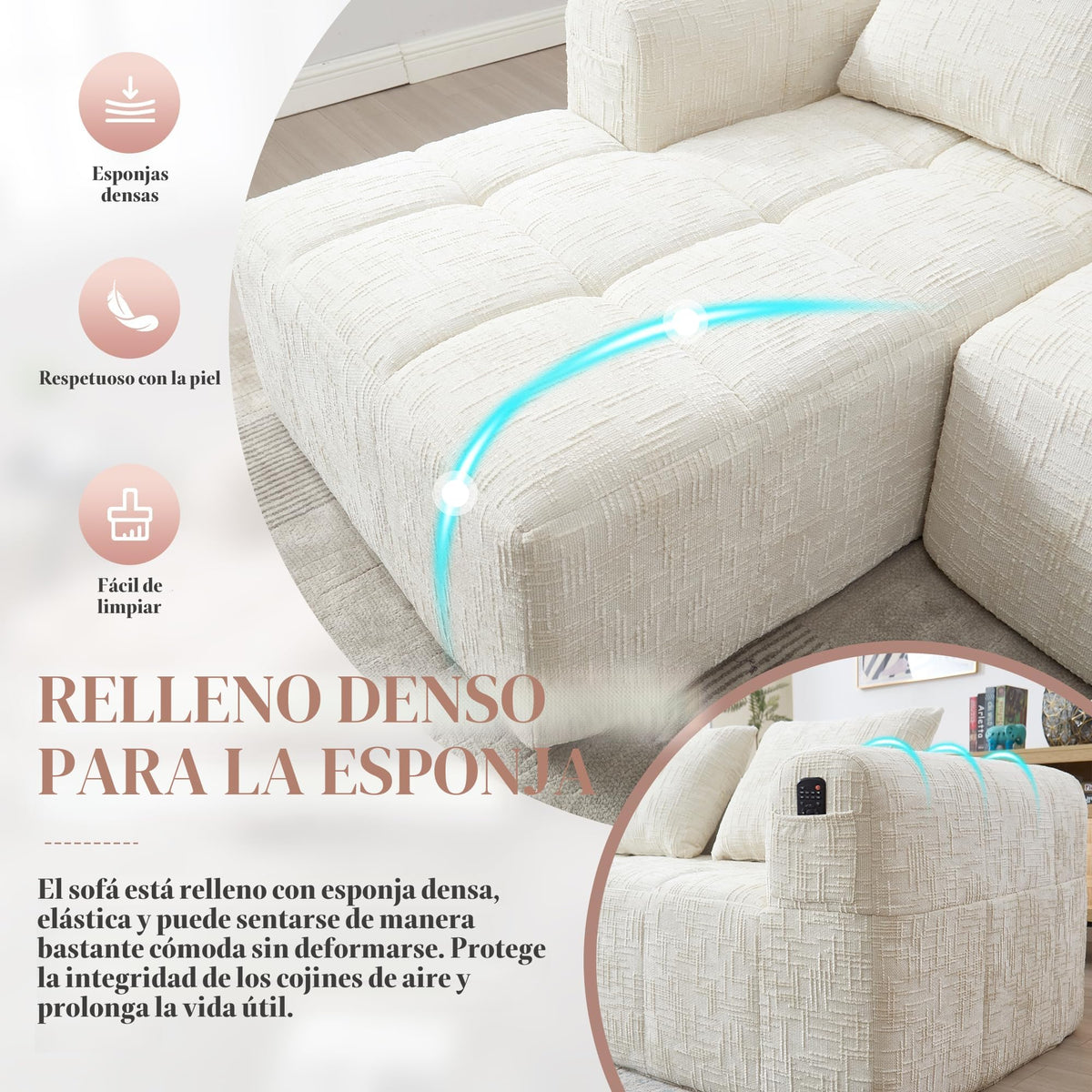 Soweiz Sofá L, seccional de 3 plazas, sofá con chaise longue y reposabrazos, 3 cojines, bolsillo lateral para mando a distancia, 250 x 158 x 60 cm