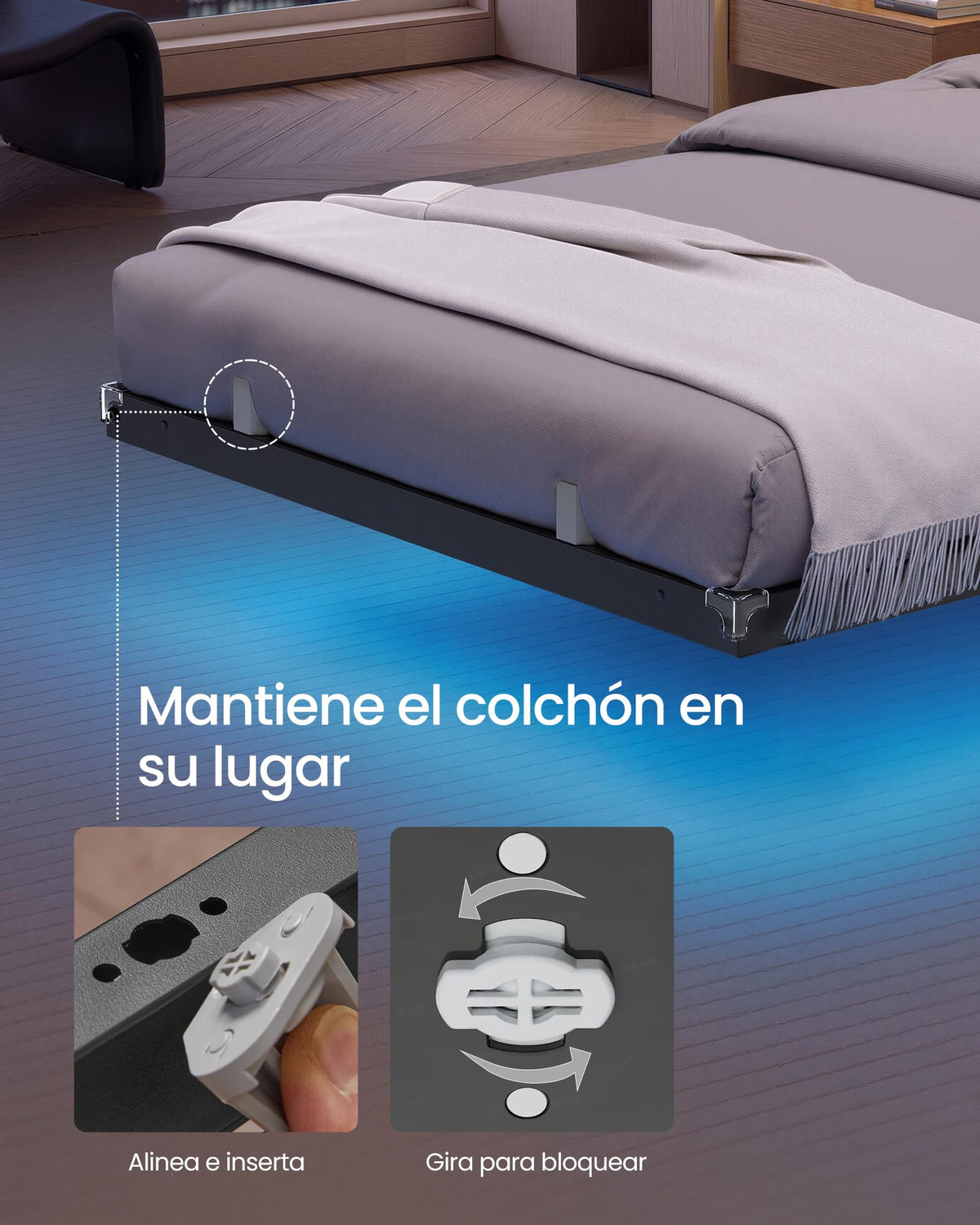 VASAGLE Marco de Cama Flotante, 140 x 200 cm, LED, 2 Tomas y 3 USB