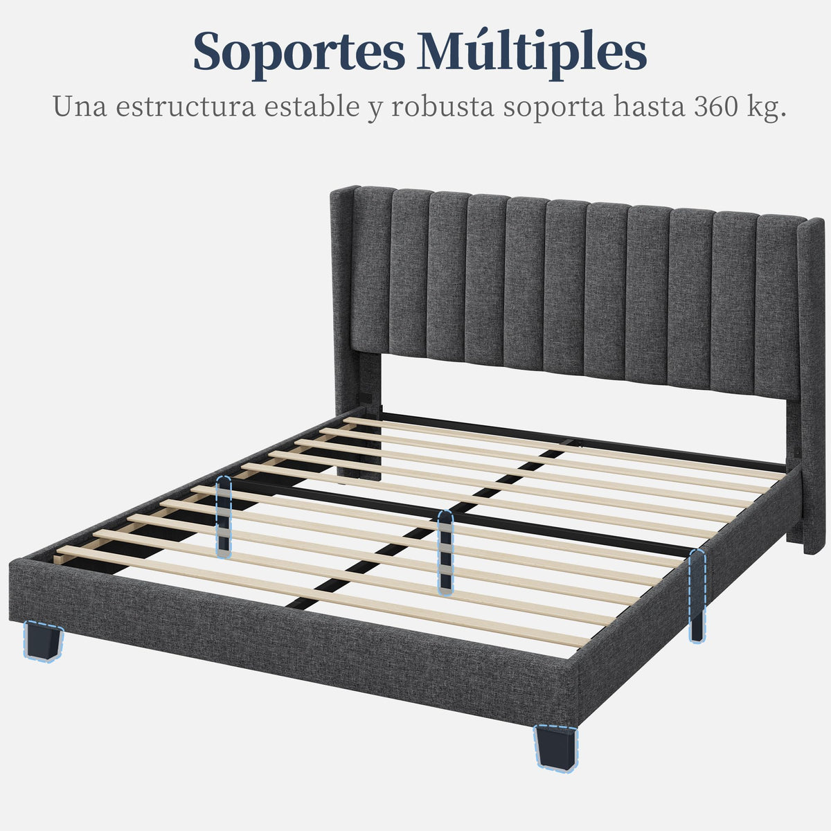Yaheetech Cama Doble Tapizada 140 x 200cm con Somier de Lamas con Cabecero Rayado Moderno Estructura de Madera y Metal Marco de Cama para Adultos 2 Personas Beige