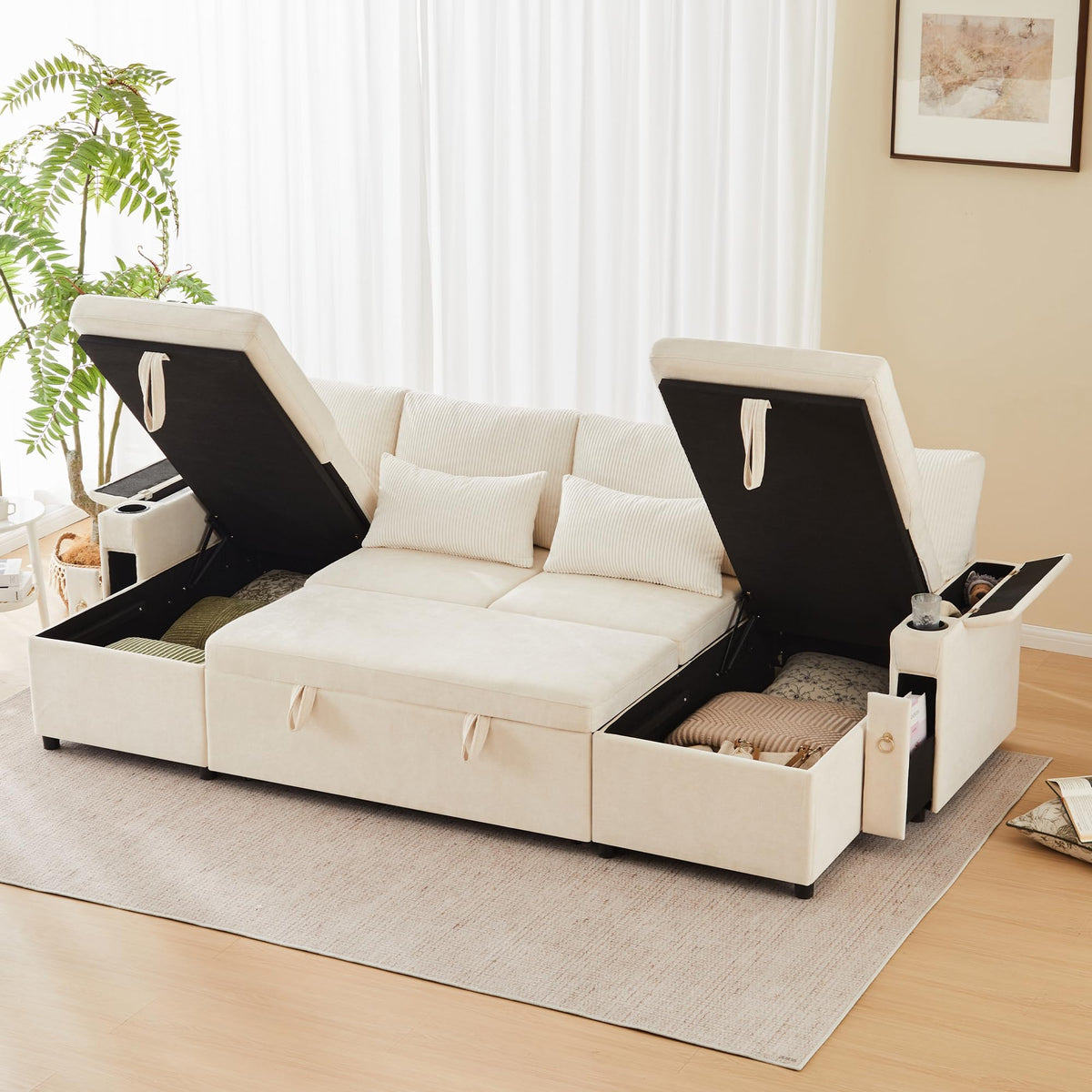 Kebnor Sofá cama de cuatro plazas en forma de U con soporte para bebidas, sofá de esquina con espacio de almacenamiento y función de descanso. Incluye soporte para bebidas y almohadas. Sofá