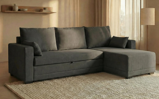 BUDWING Leah Sofá Cama Esquinero 3 Plazas - Chaise Longue Reversible y 2 Cojines Decorativos – Tapizado en Poliéster – Estilo Moderno – 233x124x69 cm – Gris Bicolor