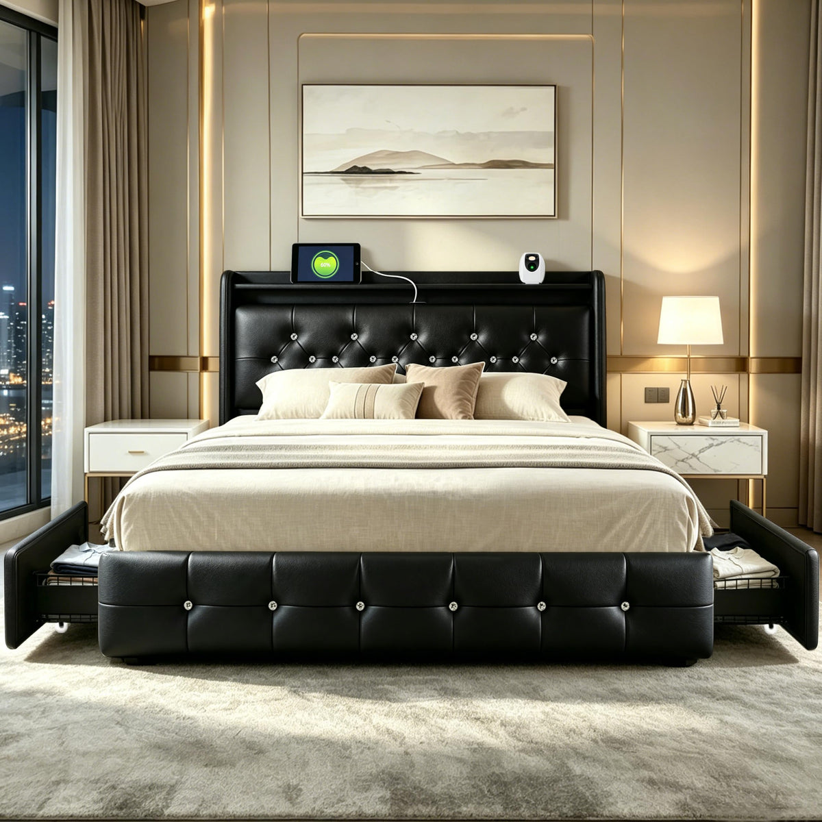 Armazón de Cama de Cuero 140x200cm con luz LED, Blanco