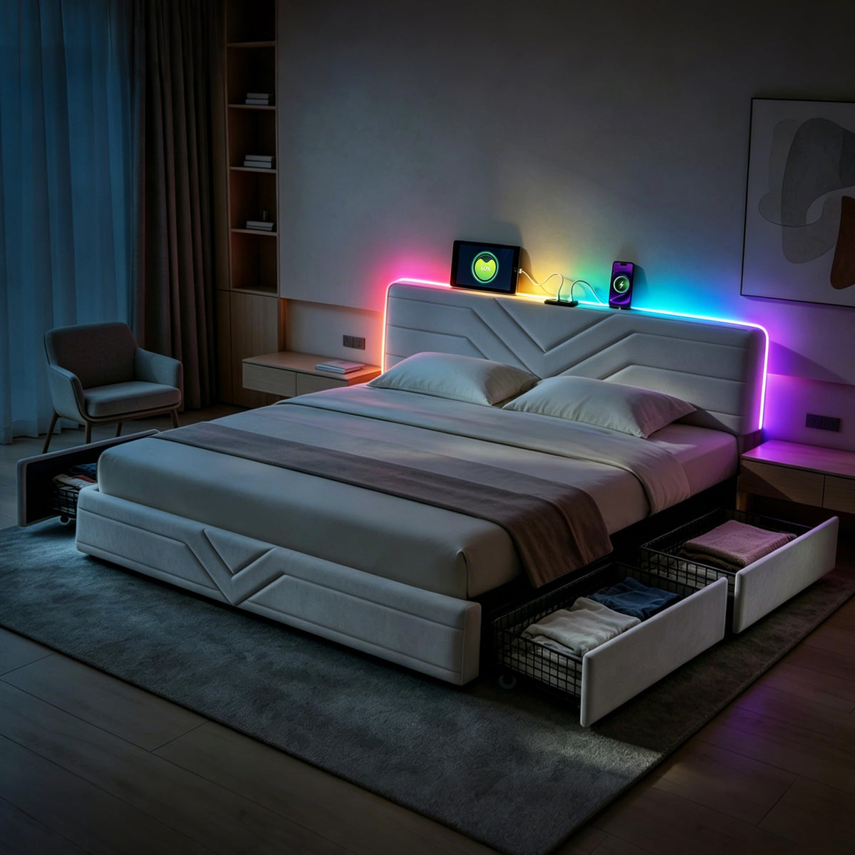 Armazón de Cama de Cuero 140x200cm con luz LED, Blanco