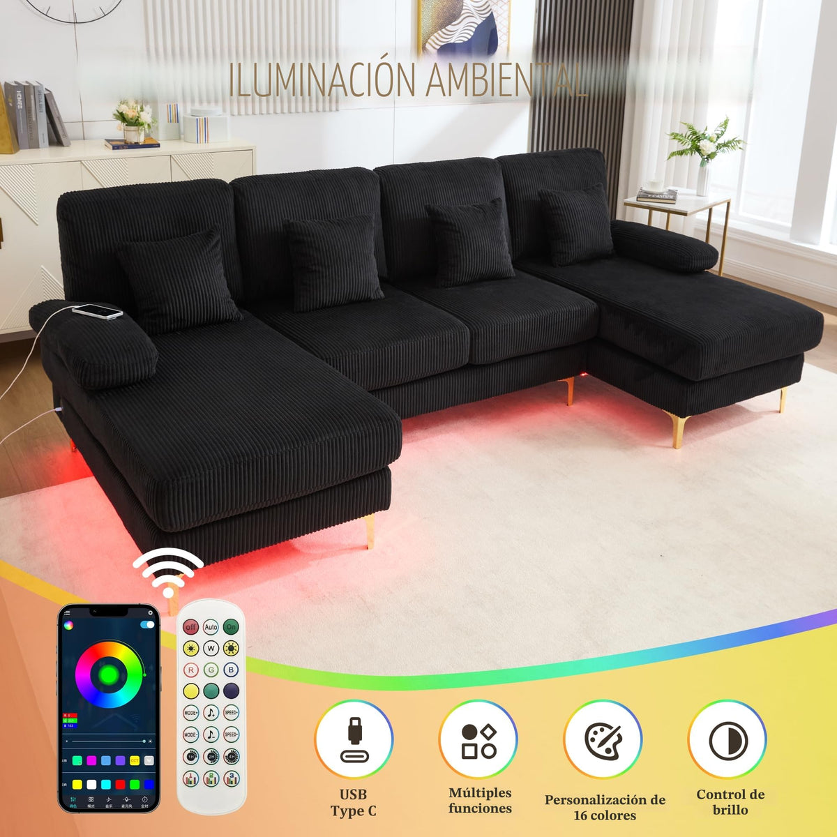 Sapgaks Sofá Seccional en U Moderno,Sofá 4 plazas,Mueble Acolchado de diseño Moderno,Tela de Chenilla (Beige)