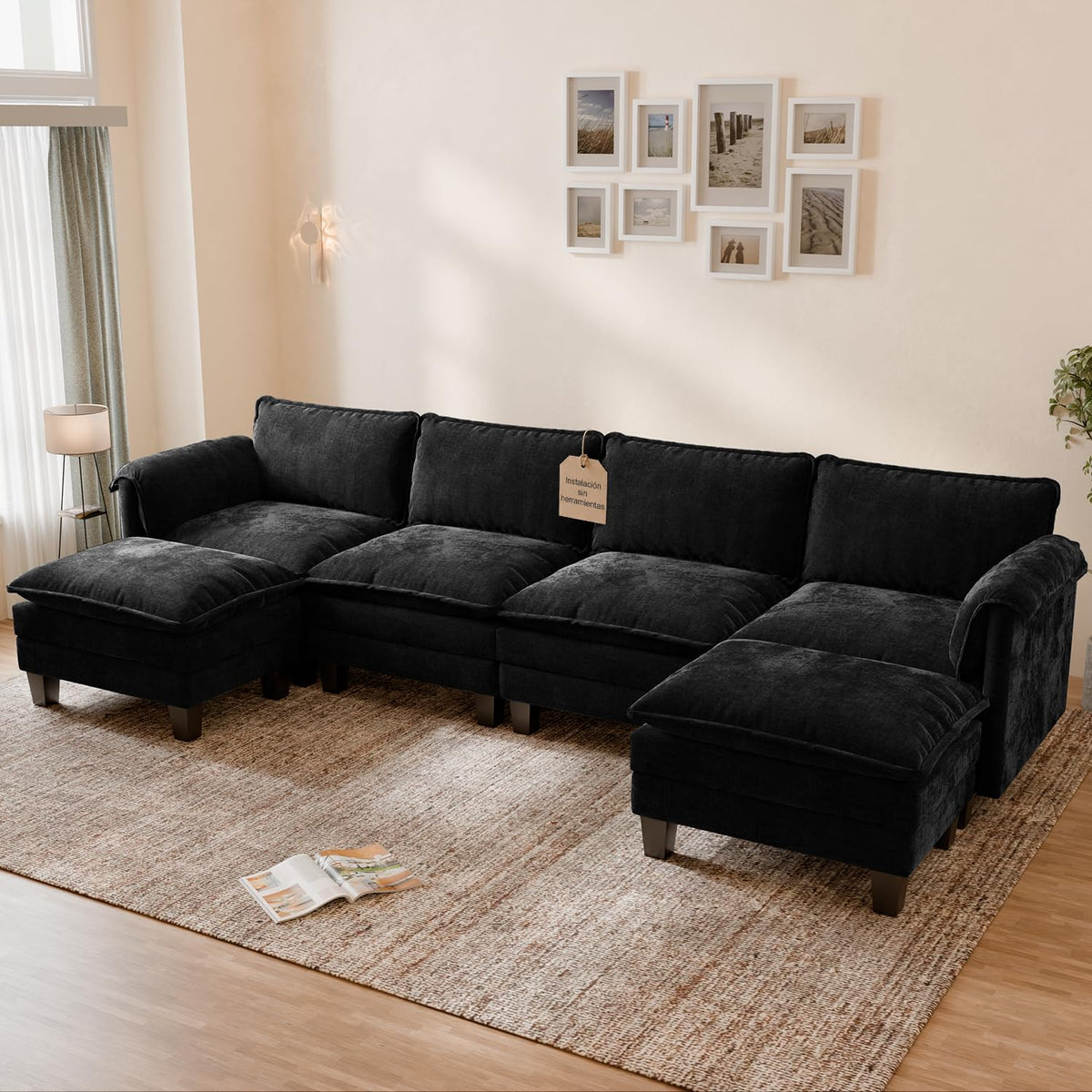 ELUCHANG Sofá Nube Modular 256cm, Sofá de 3 Plazas con Asiento Profundo 62cm, Montaje sin Herramientas, Sofá Moderno de Chenilla para Salón y Habitación, Gris Perla
