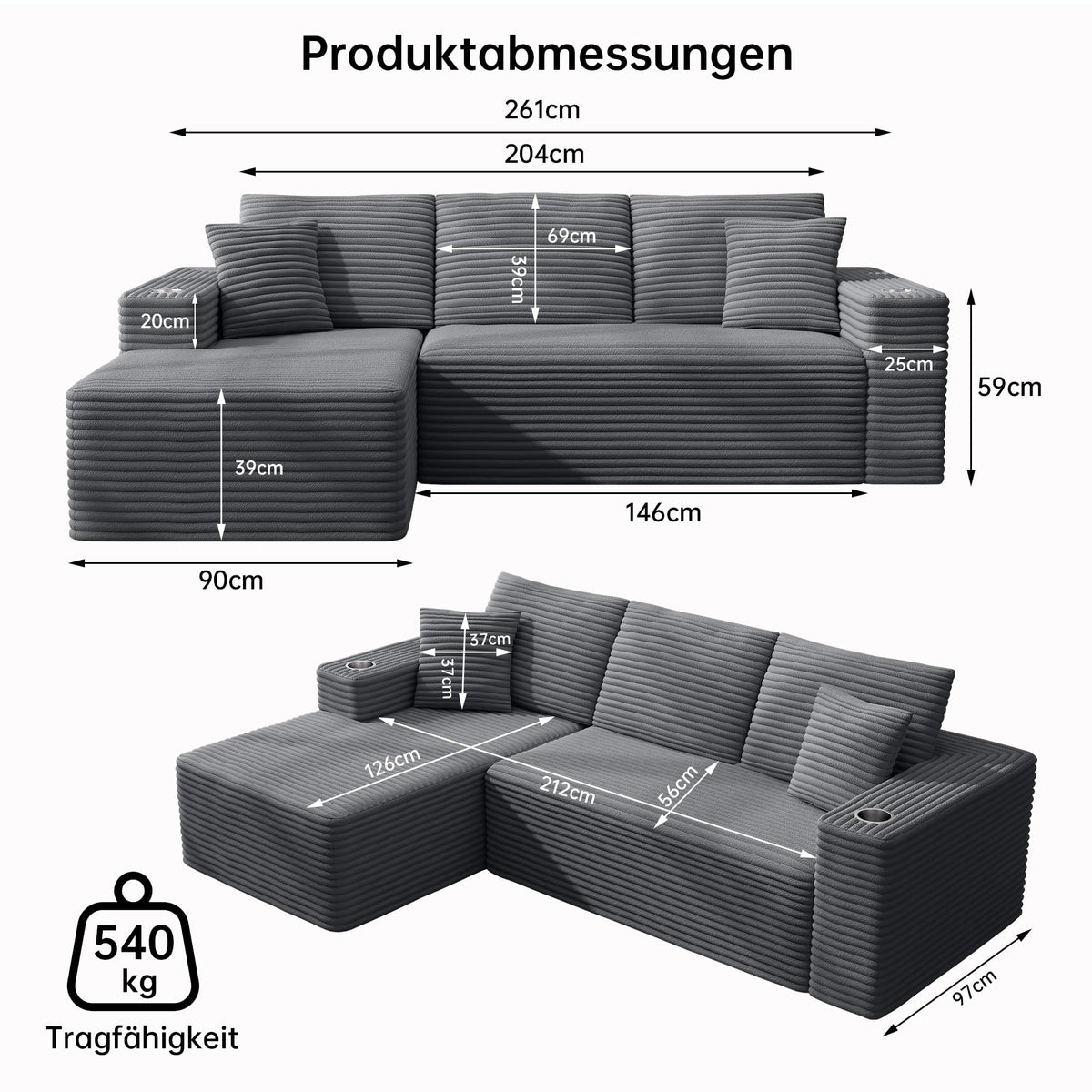 Sofa Modular sofás Comprimidos al vacío, Sofa Cama Chaise Longue 102 inch/261cm Sofá de Suelo Modular sin Estructura con Función de Dormir, Sofá para Salón o Apartamento, Negro