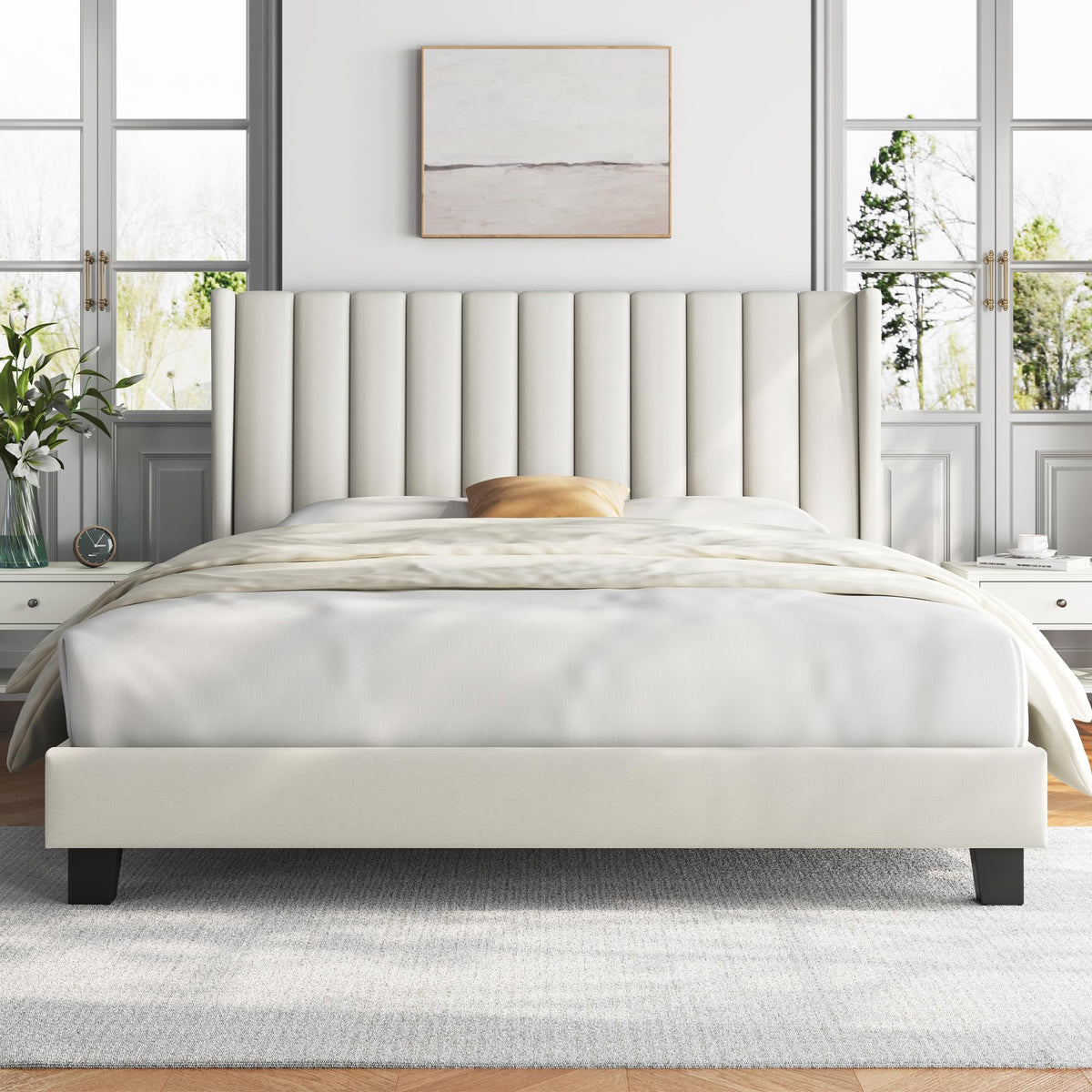 Yaheetech Cama Doble Tapizada 140 x 200cm con Somier de Lamas con Cabecero Rayado Moderno Estructura de Madera y Metal Marco de Cama para Adultos 2 Personas Beige