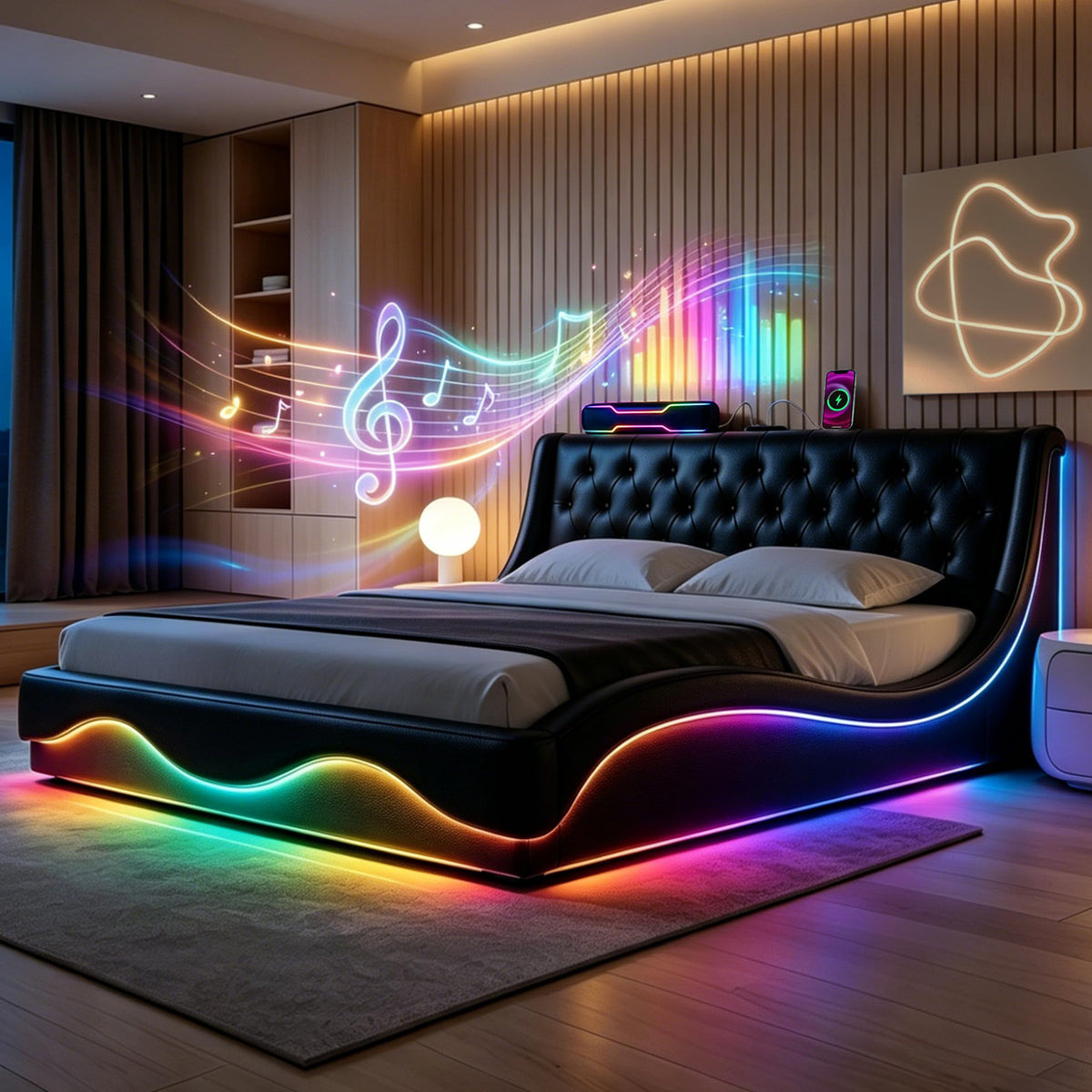 Armazón de Cama de Cuero 140x200cm con luz LED, Blanco