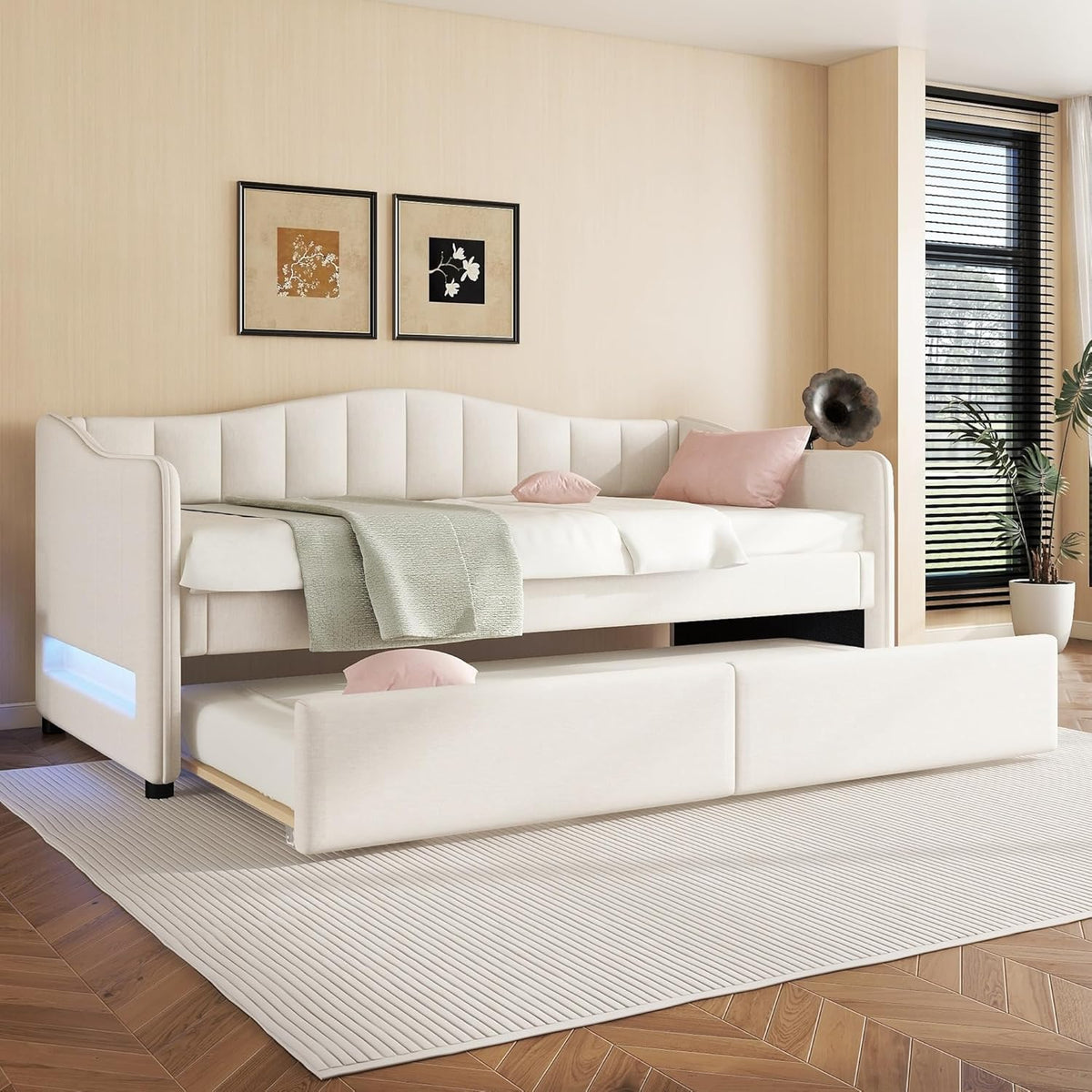 Cama de día, 90 x 200 cm, con cama extraíble, sofá cama, cama individual (sin colchón), diseño de luz ambiental, lino, estilo minimalista (beige)