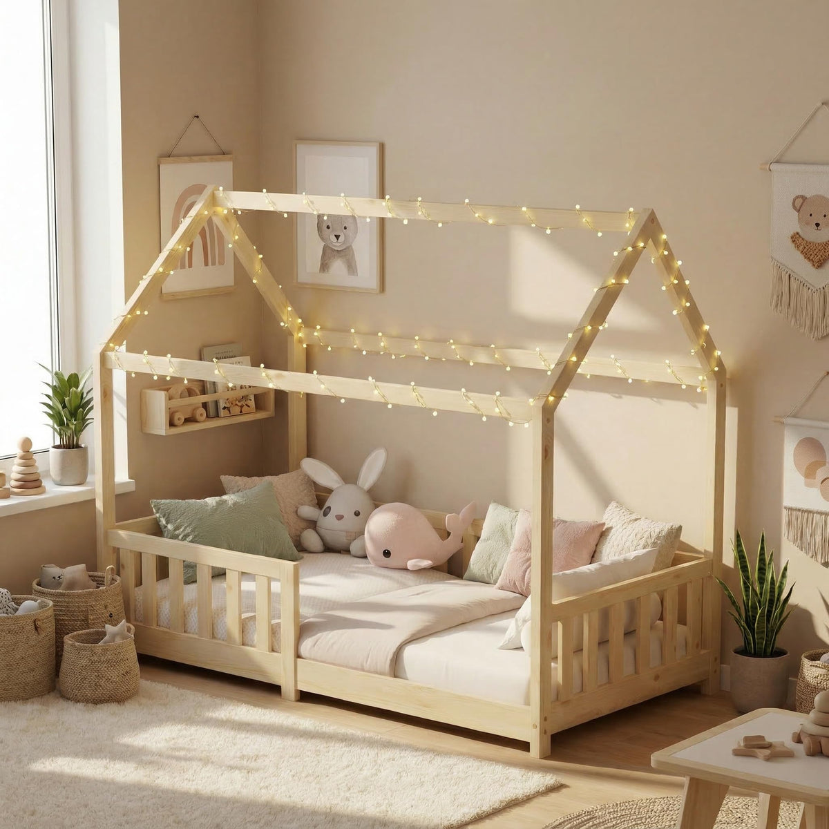 ecomi® Cama Infantil con Protección Anticaídas, Blanco, 80x160 cm