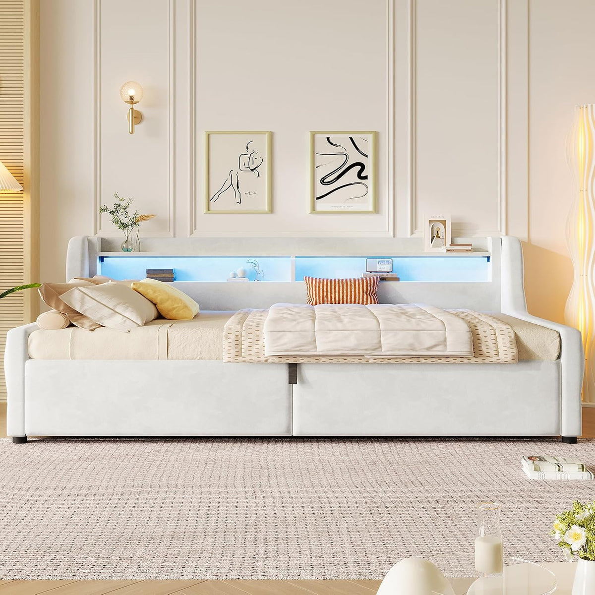 Cama con plataforma de terciopelo 90 x 200 cm, con espacio de almacenamiento hidráulico e iluminación LED (color crema, 90 x 200 cm)