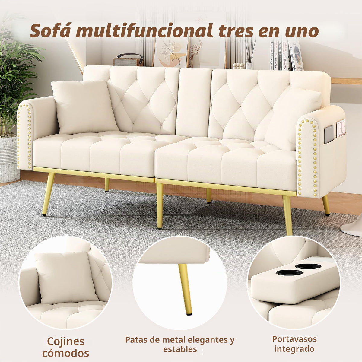 Azkoeesy Sofá cama de 2 plazas con soporte para bebidas, 175 cm, sofá cama con función de dormir, respaldo ajustable en 3 posiciones, patas metálicas doradas y remaches, para sala de estar y cine en