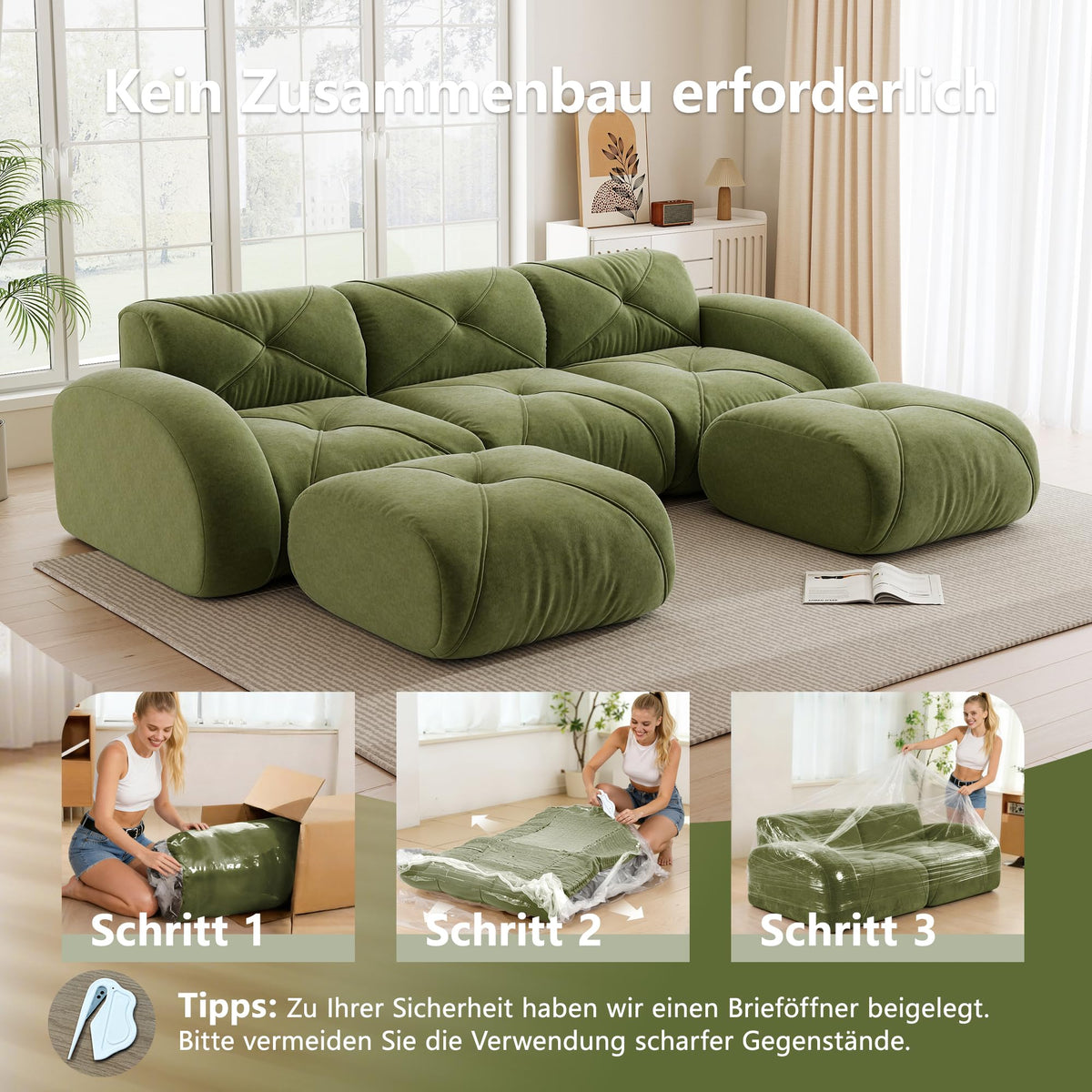 Sofá de esquina en forma de L de 4 plazas con reposapiés, sofá modular Cloud sin marcos de chenilla, sofá de estar suave, antideslizante, combinable de forma flexible, sin montaje, salón color