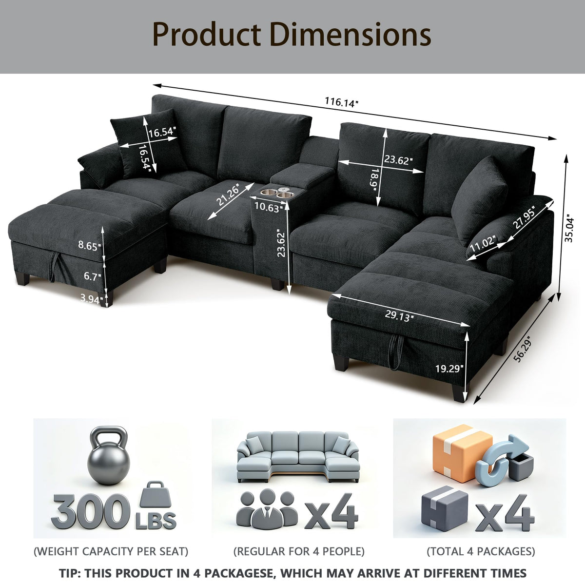 Modular Forma U Sofá de 4 Plazas, 295cm Sofá Esquinero para Sala
