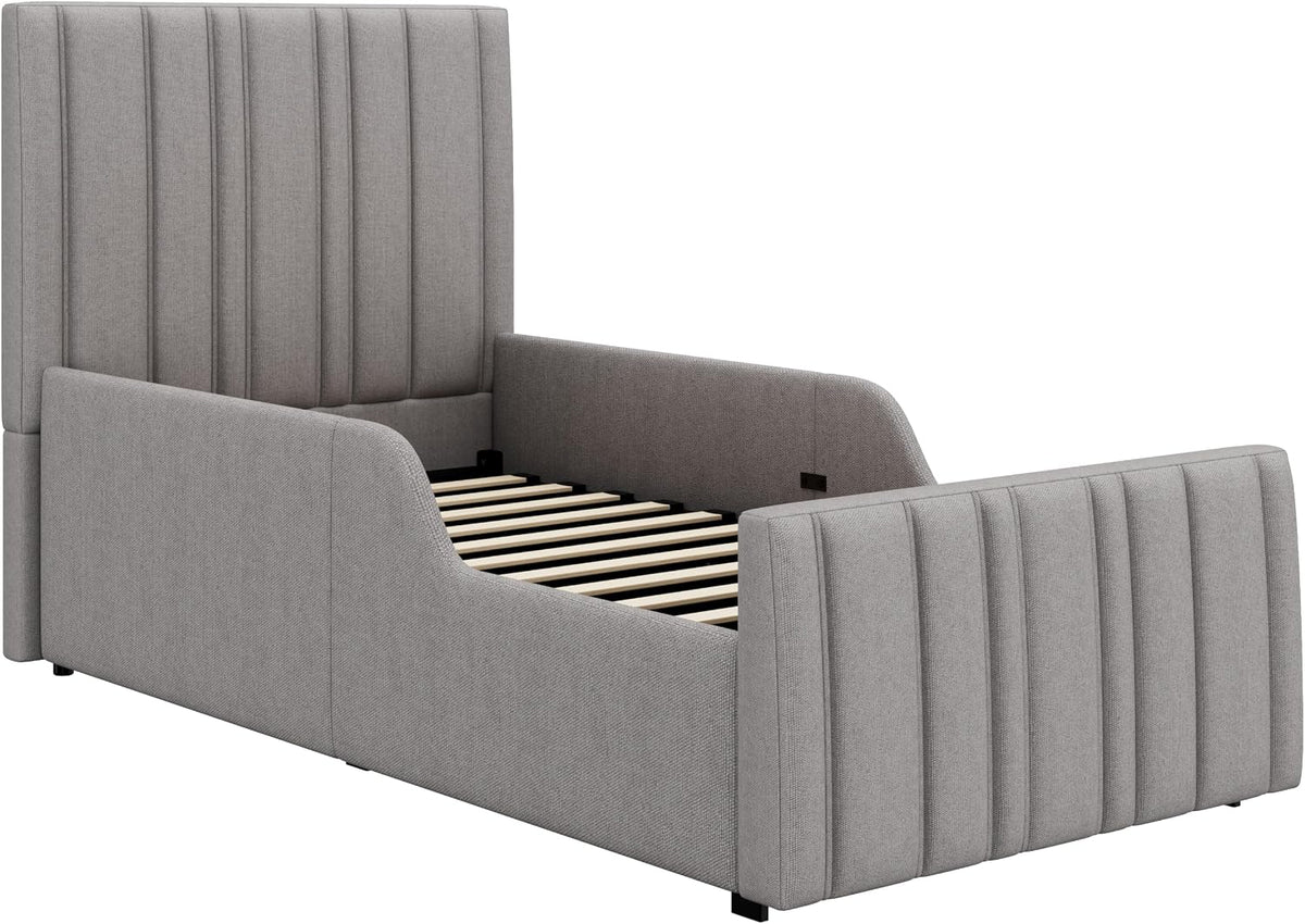 Kebnor Cama tapizada, cama individual, cuna 90 x 200 cm, cama funcional hidráulica, cama con somier, cabecero y gran espacio de almacenamiento, cabecero acolchado, lino (gris)