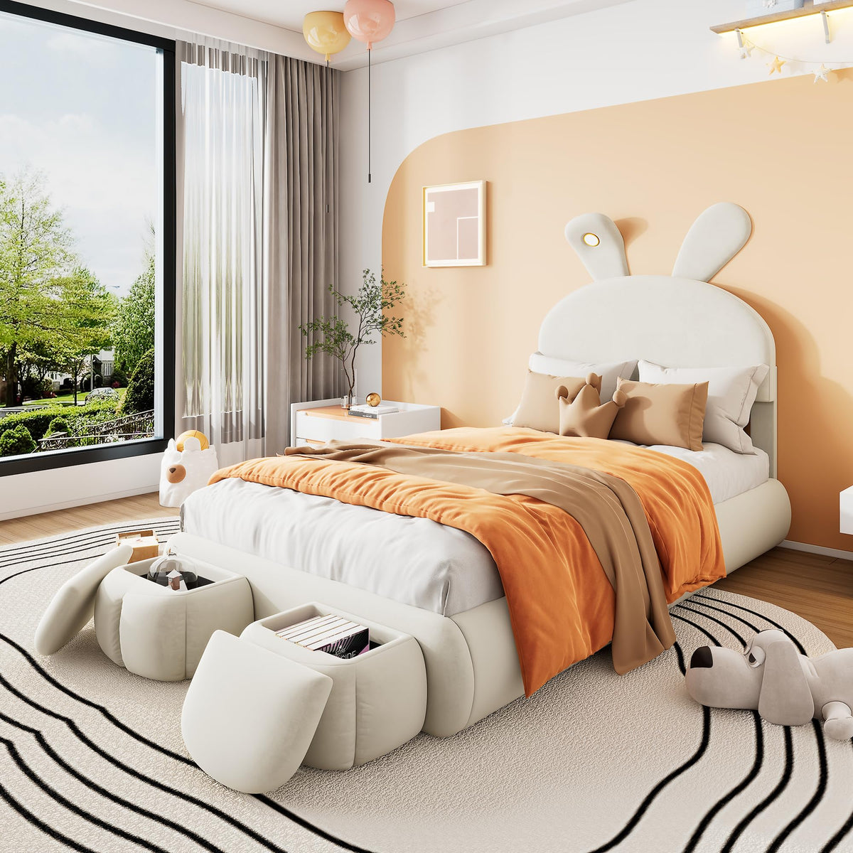 Soweiz Cama tapizada, cama individual, con orejas de conejo y tiras de luz de color cálido con brillo ajustable, con dos cajones de almacenamiento, cama infantil con somier de madera, terciopelo